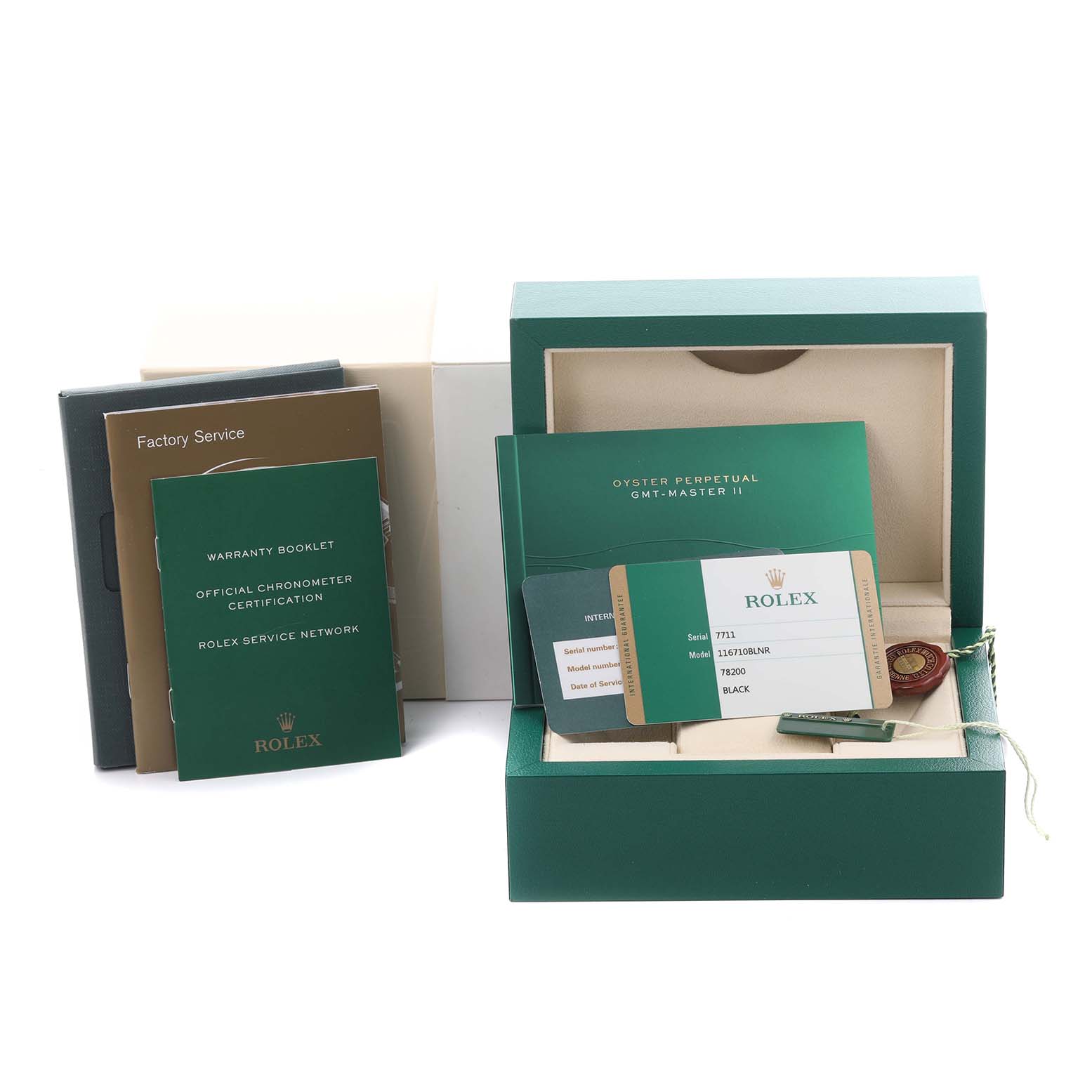 The image shows the box and documents for the Rolex GMT-Master 116710BLNR Men's Stainless Steel Black Dial 116710BLNR Men's Stainless Steel Black Dial model from an overhead angle.