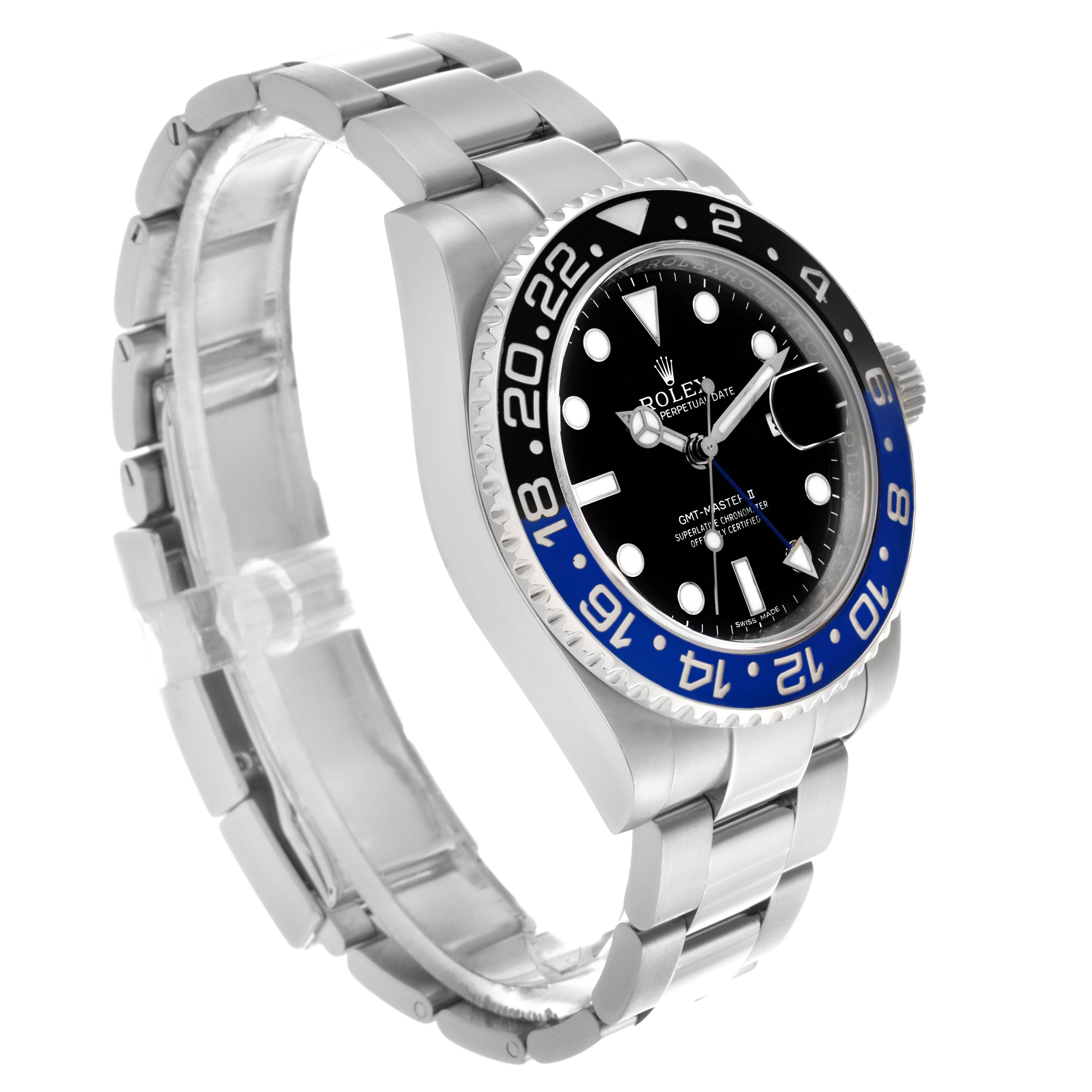 The Rolex GMT-Master 116710BLNR Men's Stainless Steel Black Dial 116710BLNR Men's Stainless Steel Black Dial watch is shown at a three-quarter angle, displaying the bezel, dial, and bracelet prominently.
