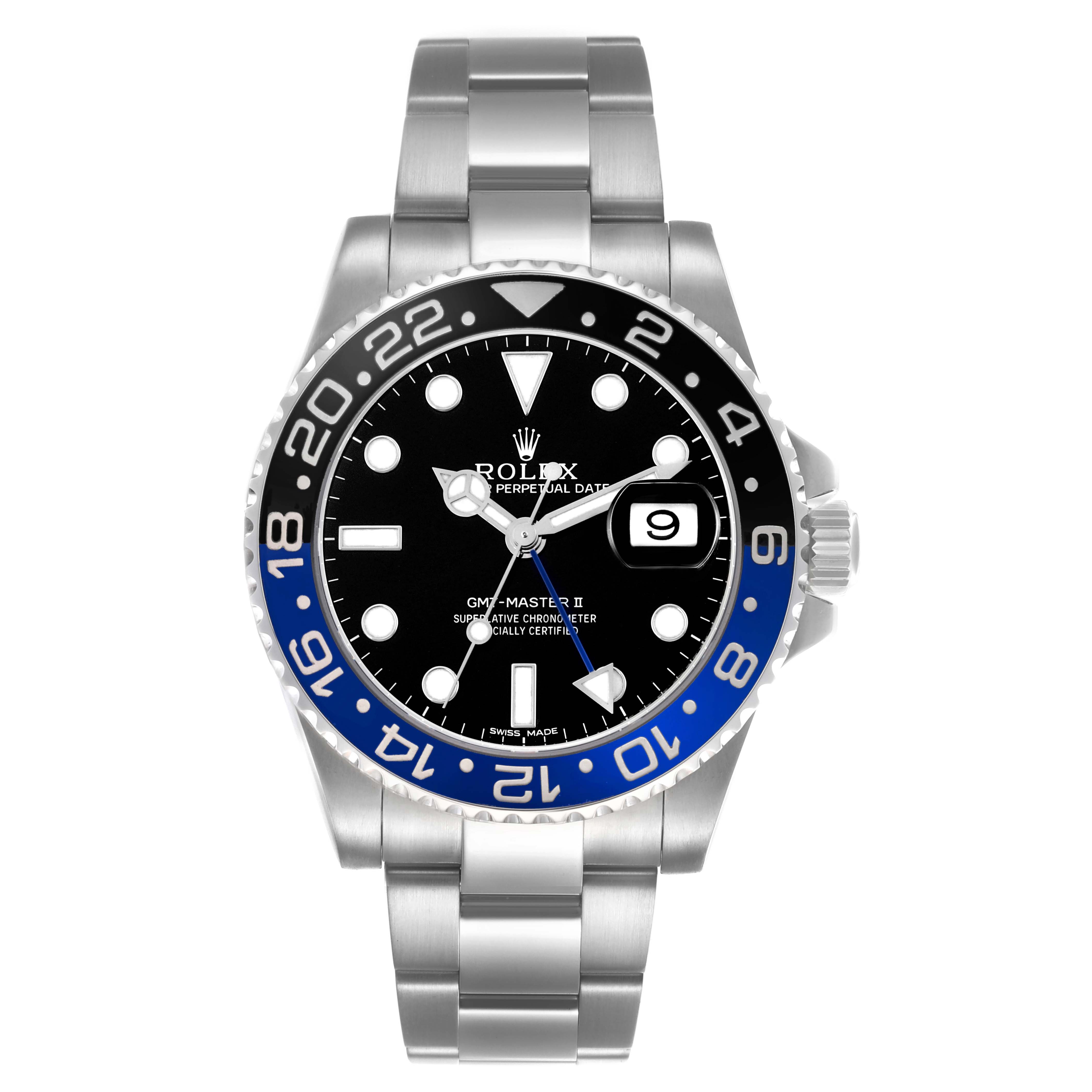 The Rolex GMT-Master 116710BLNR Men's Stainless Steel Black Dial 116710BLNR Men's Stainless Steel Black Dial watch is shown from a front angle, highlighting its bezel, dial, hands, and bracelet.