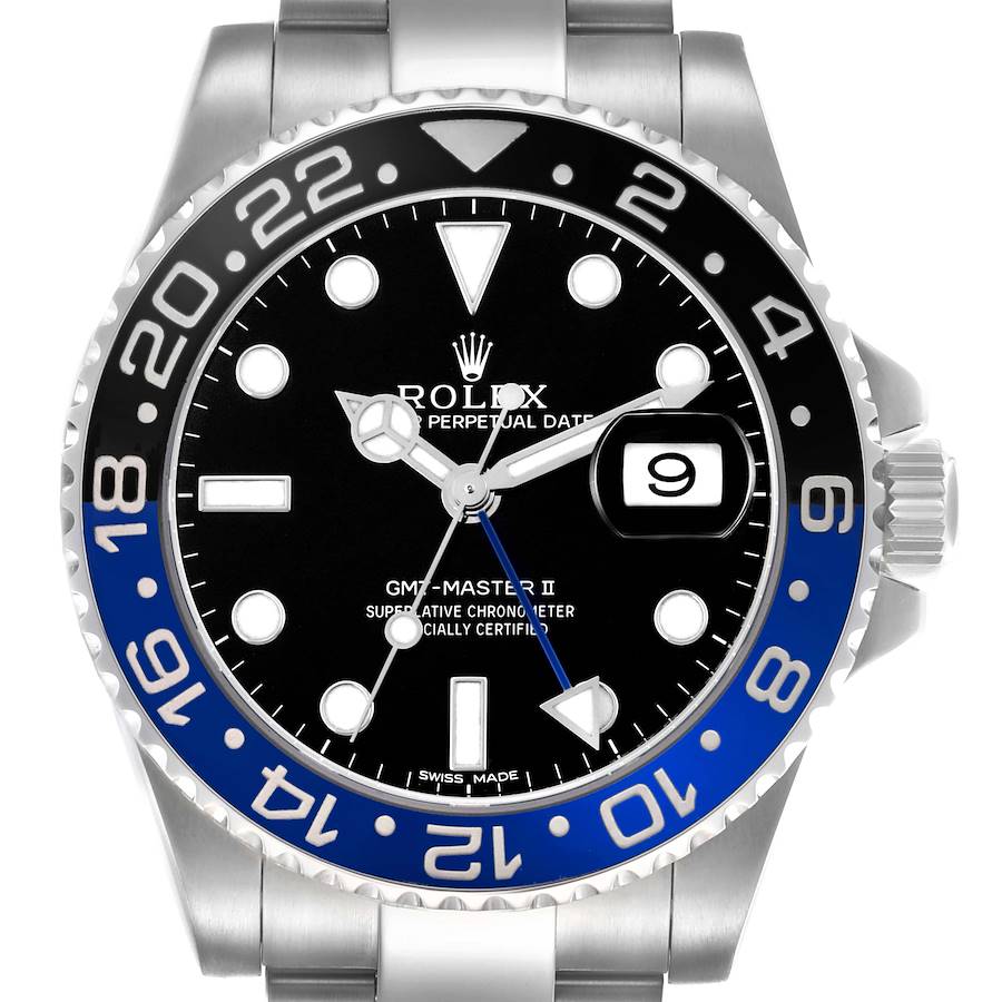 The Rolex GMT-Master watch is shown from a frontal angle, highlighting the bezel, dial, and date window.