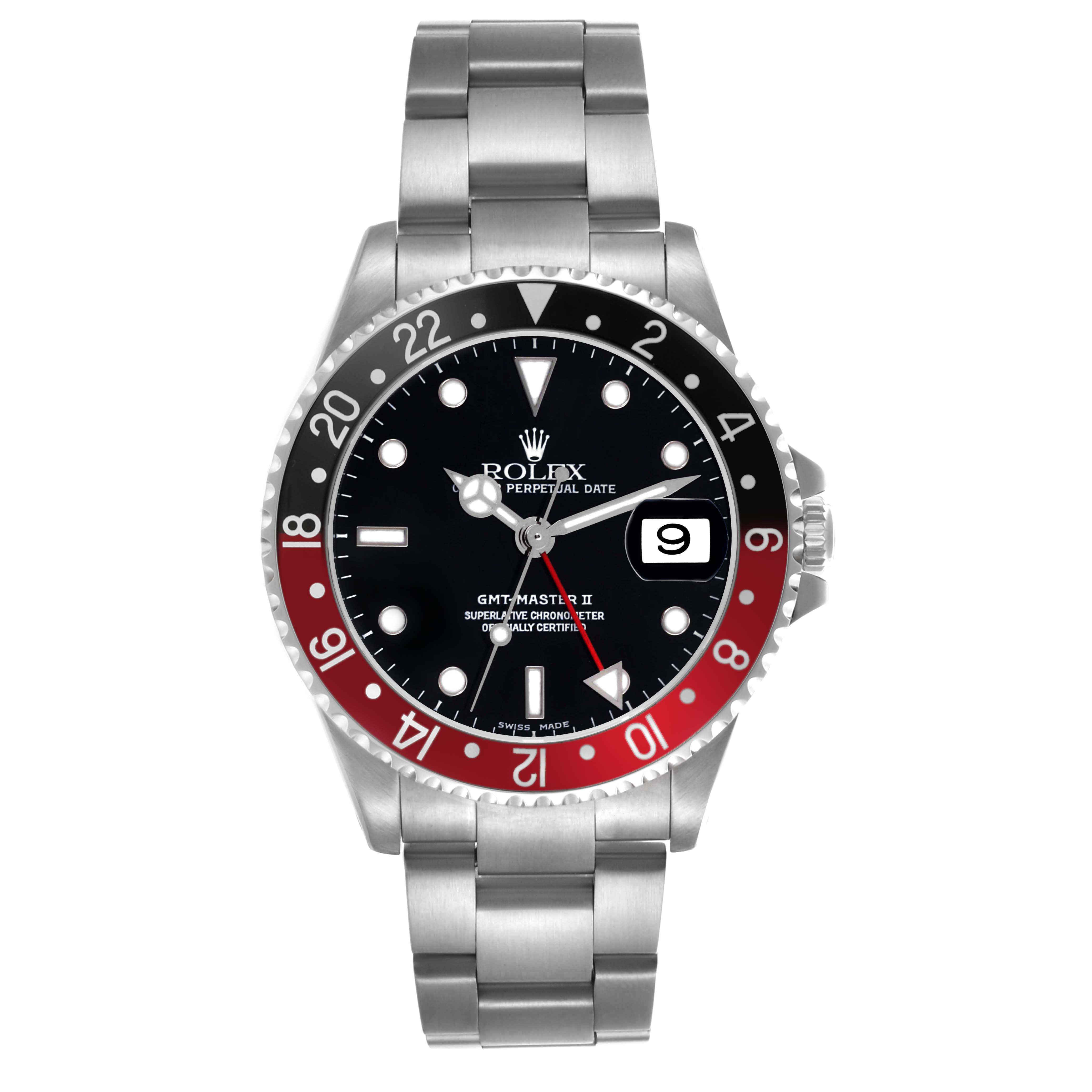 The Rolex GMT-Master 16710 Men's Stainless Steel Black Dial 16710 Men's Stainless Steel Black Dial watch is shown from the front, displaying its bezel, dial, hands, date window, and bracelet.