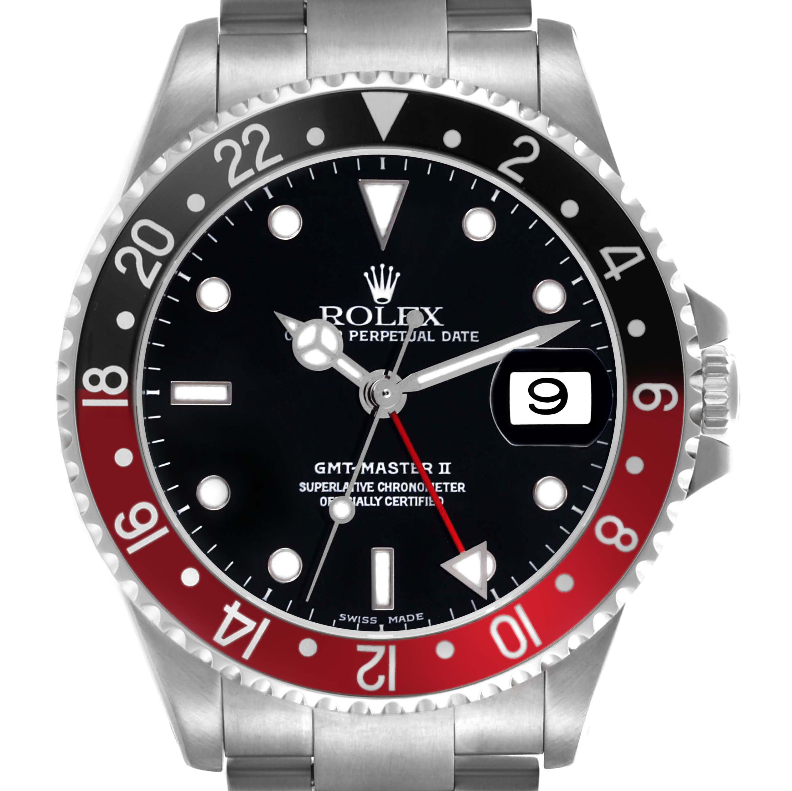 The image shows a front view of a Rolex GMT-Master 16710 Men's Stainless Steel Black Dial 16710 Men's Stainless Steel Black Dial II watch, highlighting the bezel, dial, and date window.