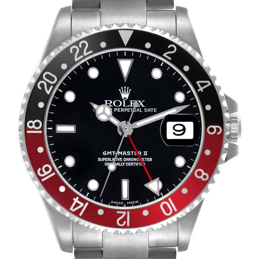 The image shows a front view of a Rolex GMT-Master II watch, highlighting the bezel, dial, and date window.