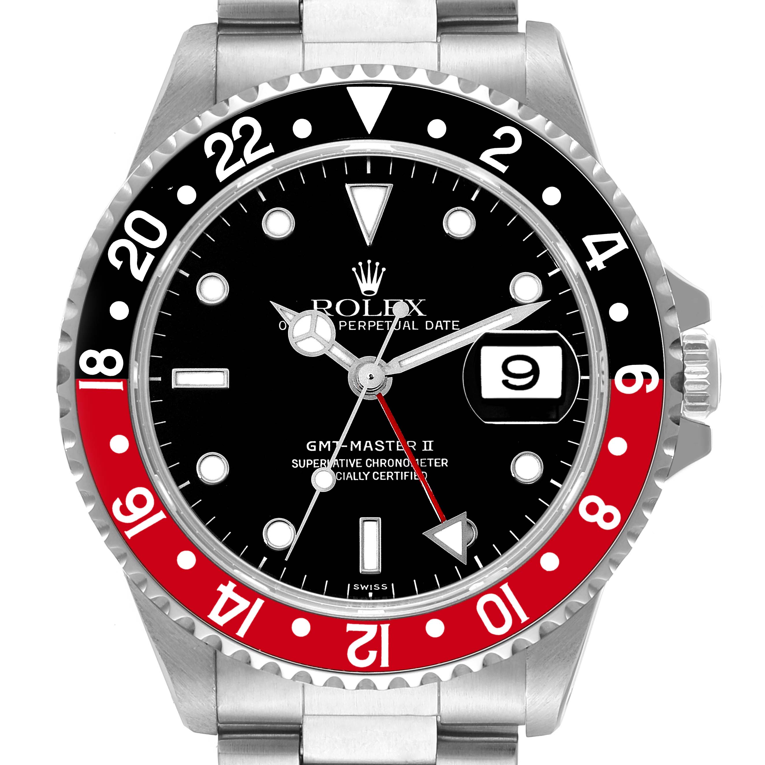 The image shows a front view of the Rolex GMT-Master 16710 Men
s Stainless Steel Black Dial 16710 Men
s Stainless Steel Black Dial II watch, highlighting the dial, bezel, and part of the bracelet.
