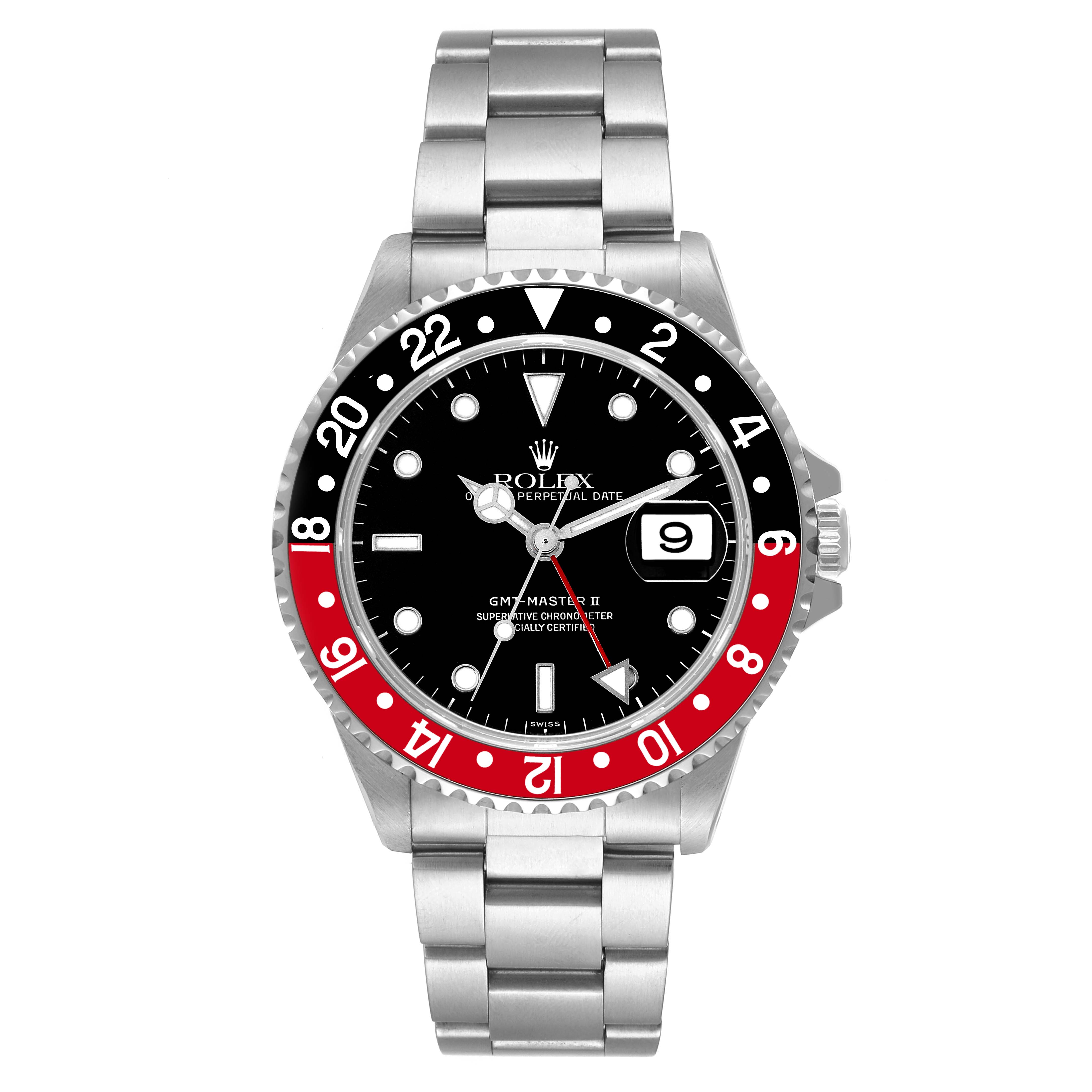 This image shows a front view of a Rolex GMT-Master 16710 Men
s Stainless Steel Black Dial 16710 Men
s Stainless Steel Black Dial II watch, highlighting the dial, bezel, and bracelet.
