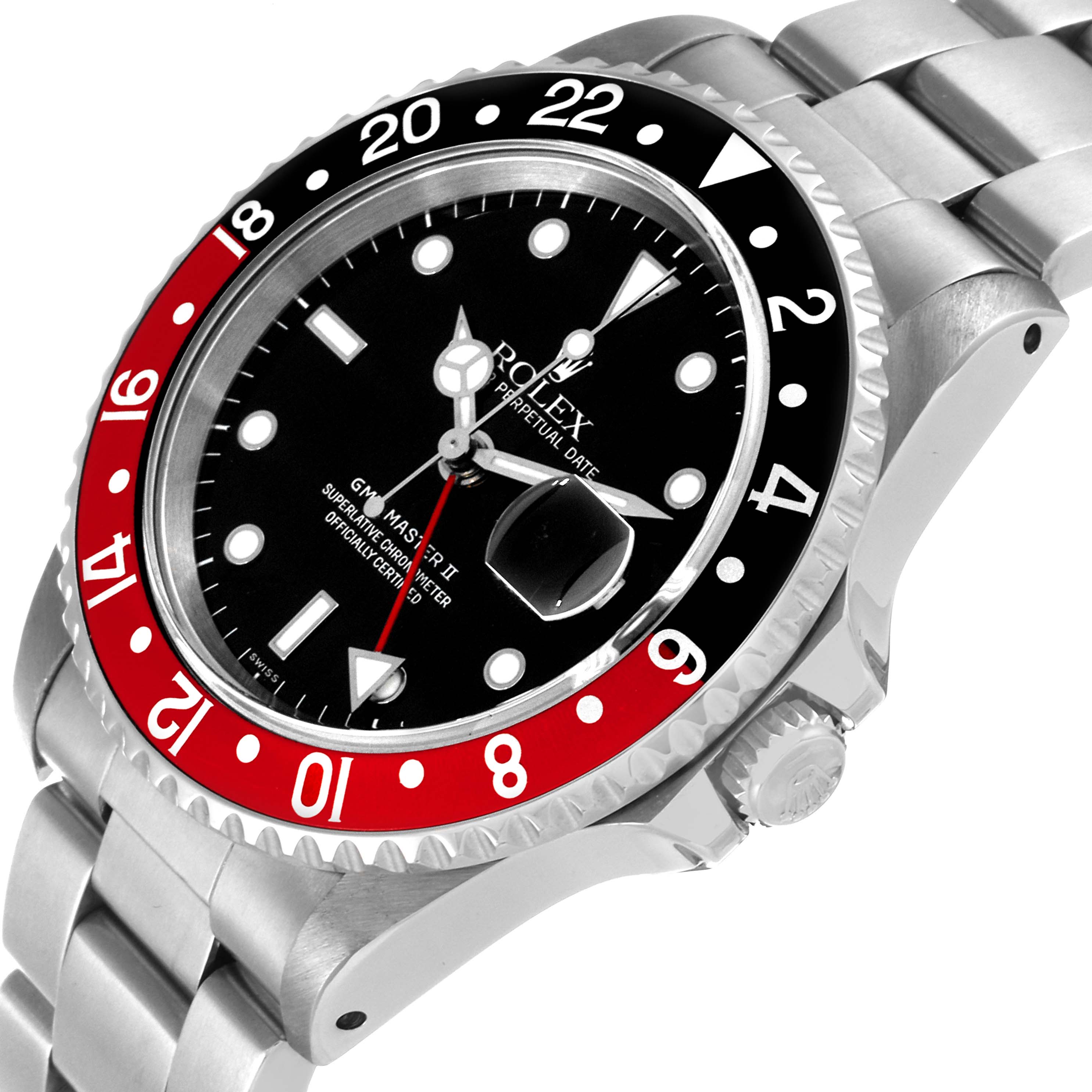 This is a close-up angled view of the face and bracelet of the Rolex GMT-Master 16710 Men
s Stainless Steel Black Dial 16710 Men
s Stainless Steel Black Dial II watch, showcasing its dial and bezel.