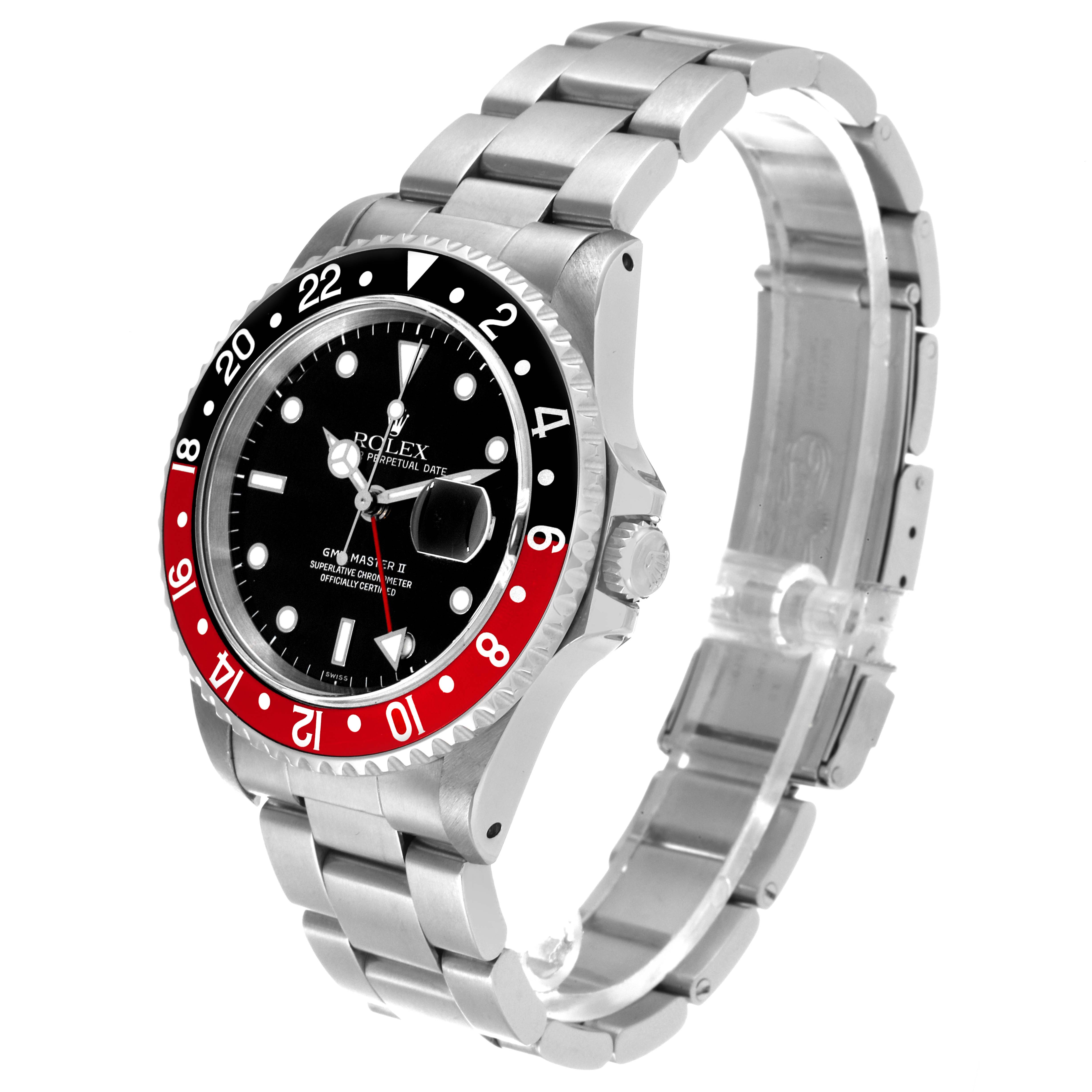 The image shows a side angle of a Rolex GMT-Master 16710 Men
s Stainless Steel Black Dial 16710 Men
s Stainless Steel Black Dial II watch, highlighting the bezel, dial, bracelet, and crown.