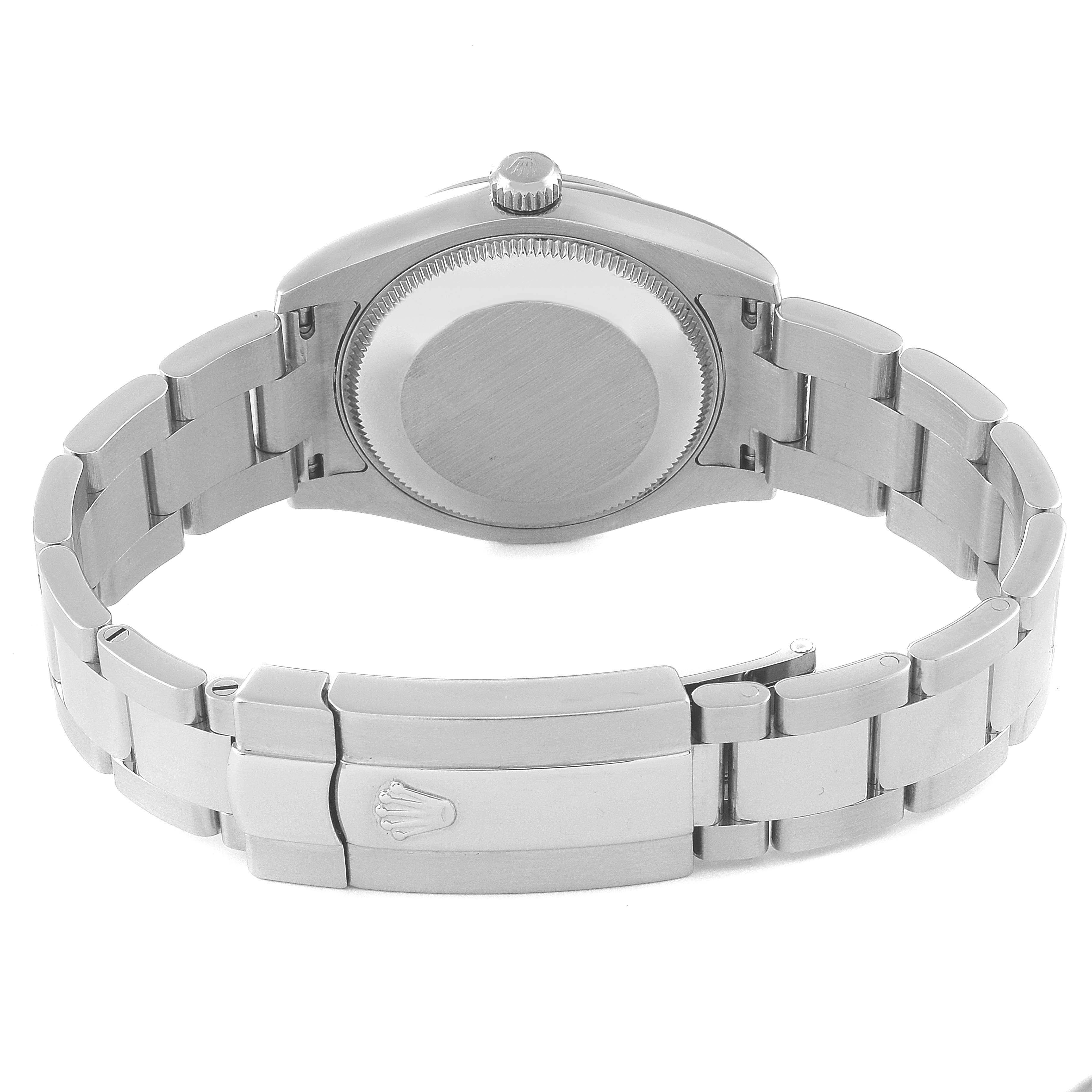 This image shows the backside of a Rolex Mid-Size 178240 Women
s Stainless Steel White Dial 178240 Women
s Stainless Steel White Dial watch, featuring the closed case back and metal bracelet with a clasp.