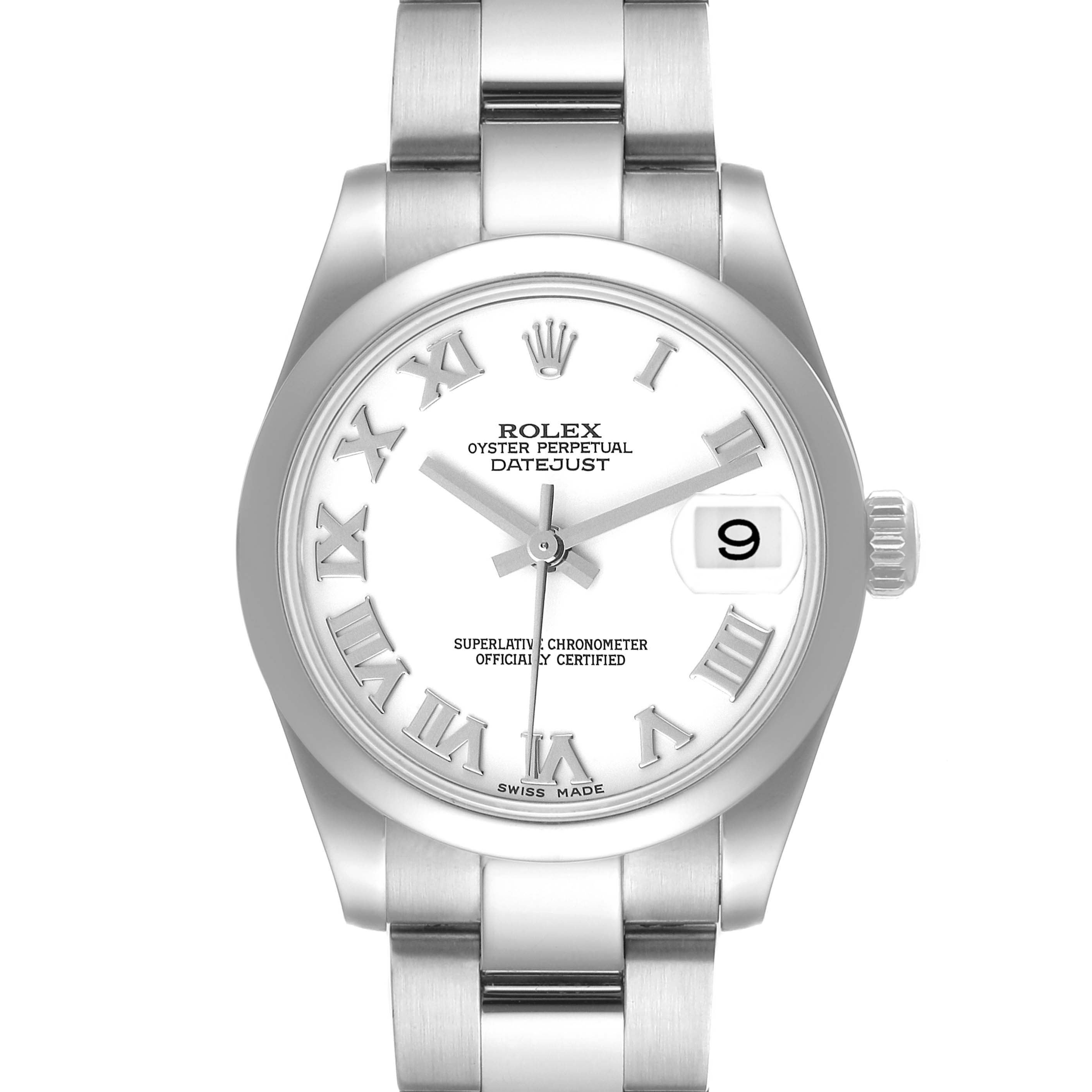 The image shows a front view of a Rolex Mid-Size 178240 Women
s Stainless Steel White Dial 178240 Women
s Stainless Steel White Dial Datejust watch, displaying the dial, hands, bracelet, and date feature.