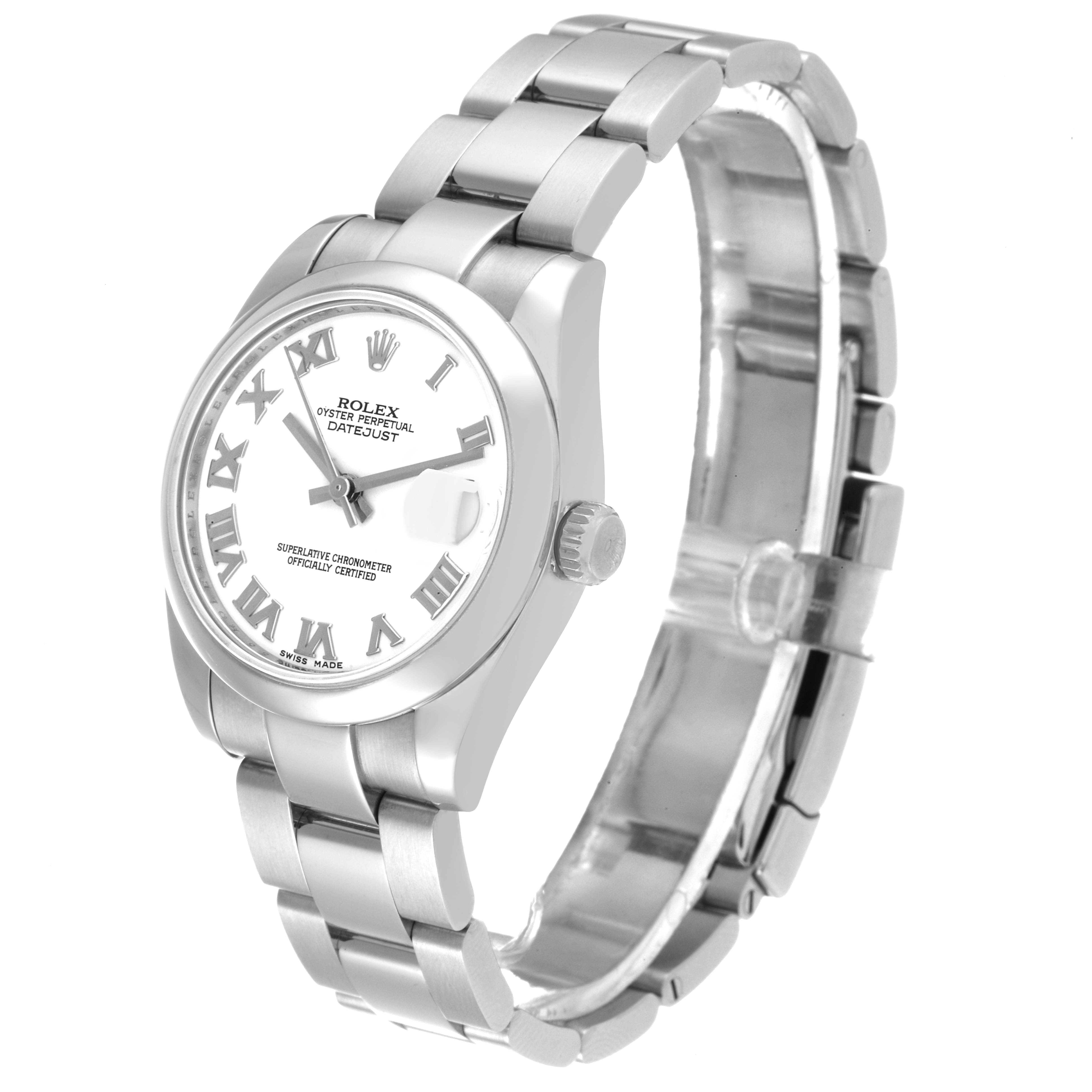 The Rolex Mid-Size 178240 Women
s Stainless Steel White Dial 178240 Women
s Stainless Steel White Dial Datejust watch is shown from a front-left angle, displaying the face, bezel, crown, and bracelet.