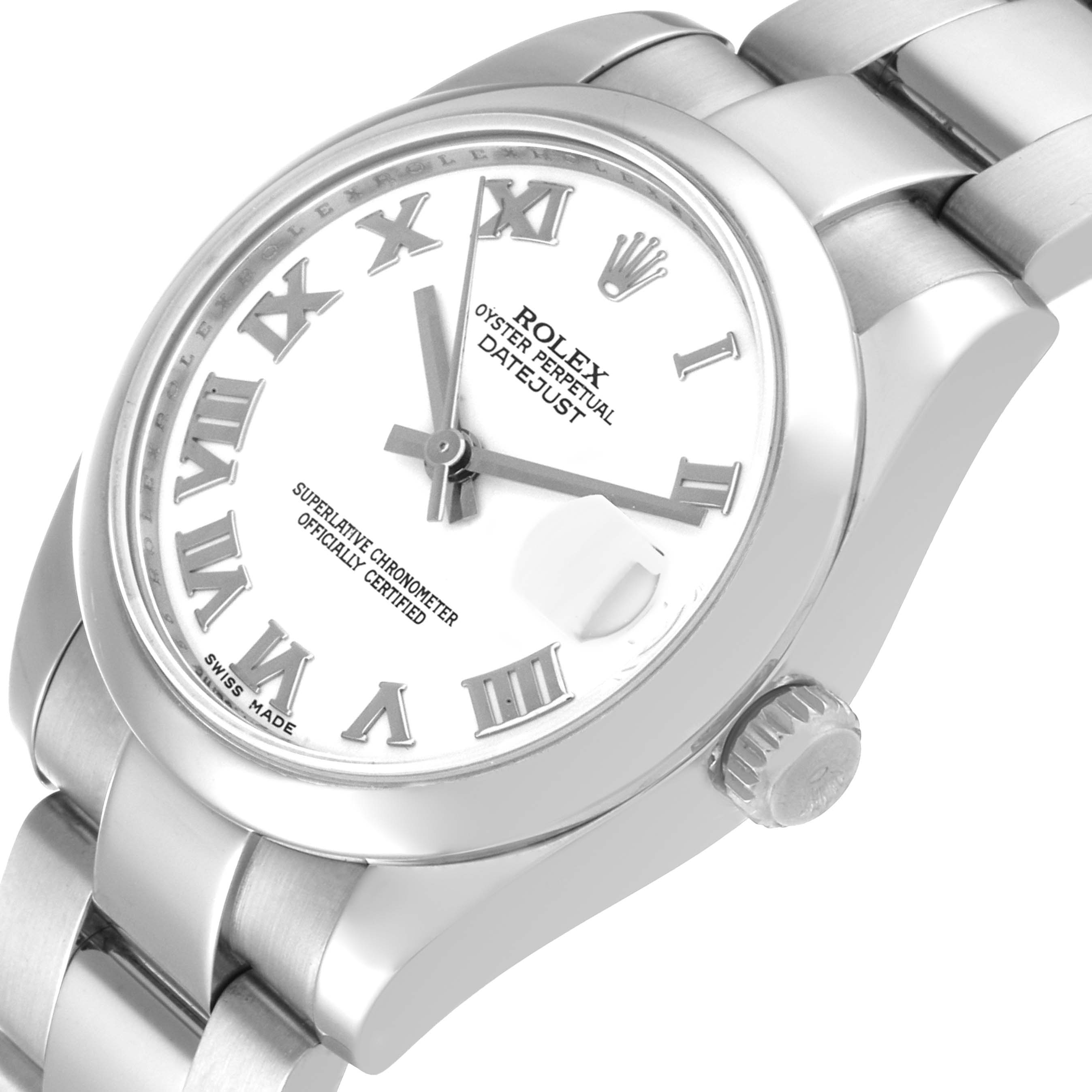 This Rolex Mid-Size 178240 Women
s Stainless Steel White Dial 178240 Women
s Stainless Steel White Dial Datejust watch is shown at an angled view, displaying its dial, crown, and part of the bracelet.