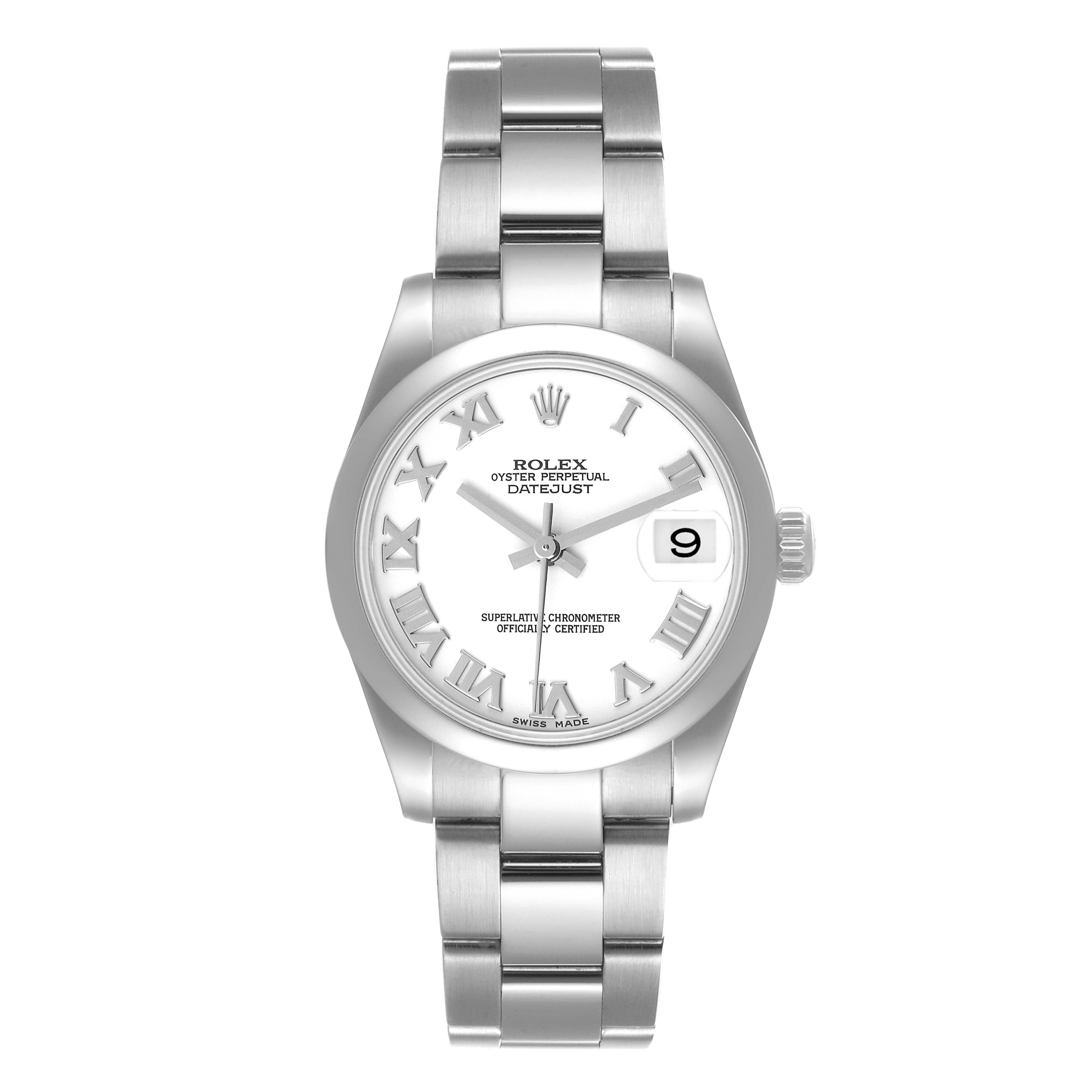 The image shows a frontal view of a Rolex Mid-Size 178240 Women
s Stainless Steel White Dial 178240 Women
s Stainless Steel White Dial Oyster Perpetual Datejust with a silver dial and stainless steel bracelet.