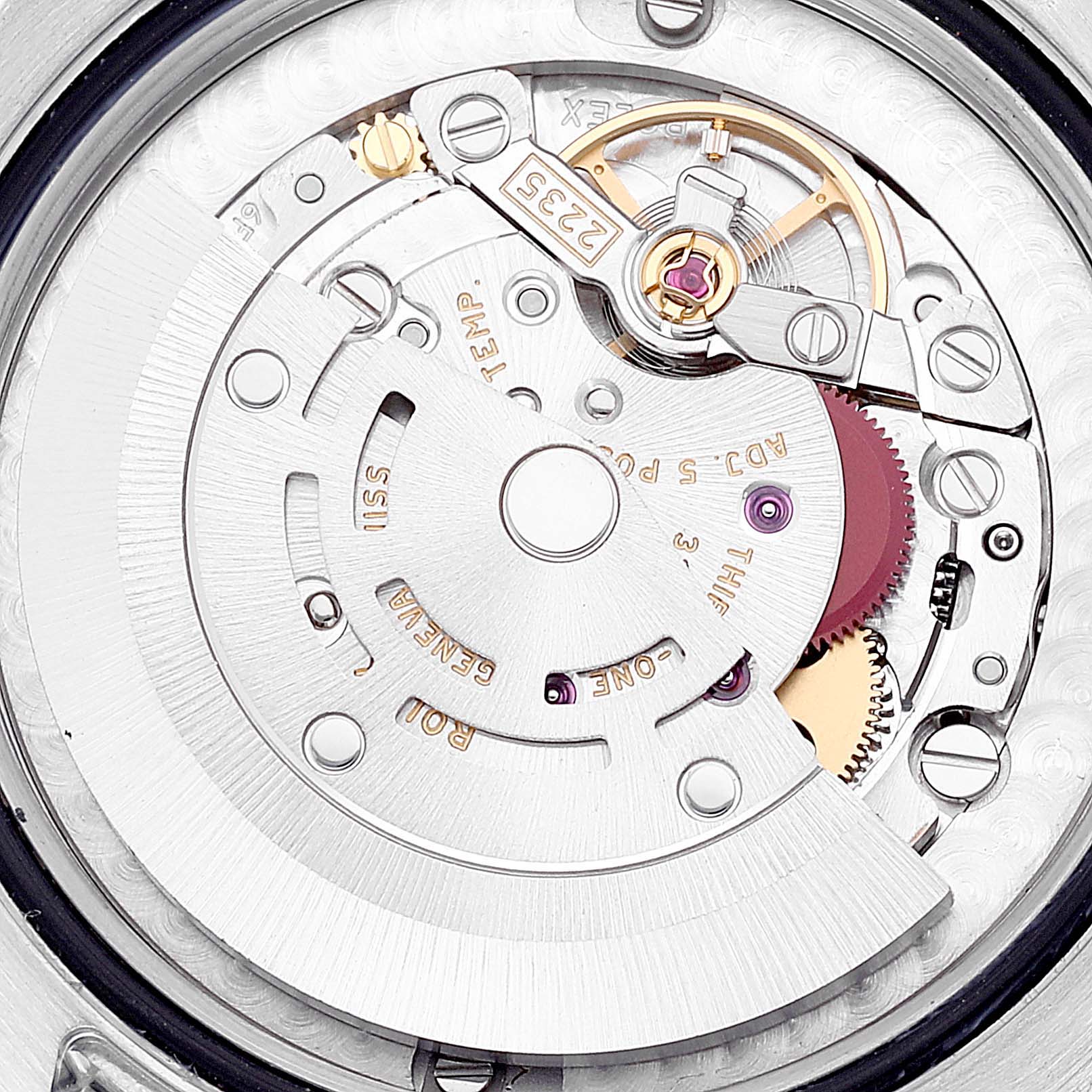 This image shows the intricate internal mechanism and rotor of a Rolex Mid-Size 178240 Women
s Stainless Steel White Dial 178240 Women
s Stainless Steel White Dial model watch, viewed from a close-up angle.