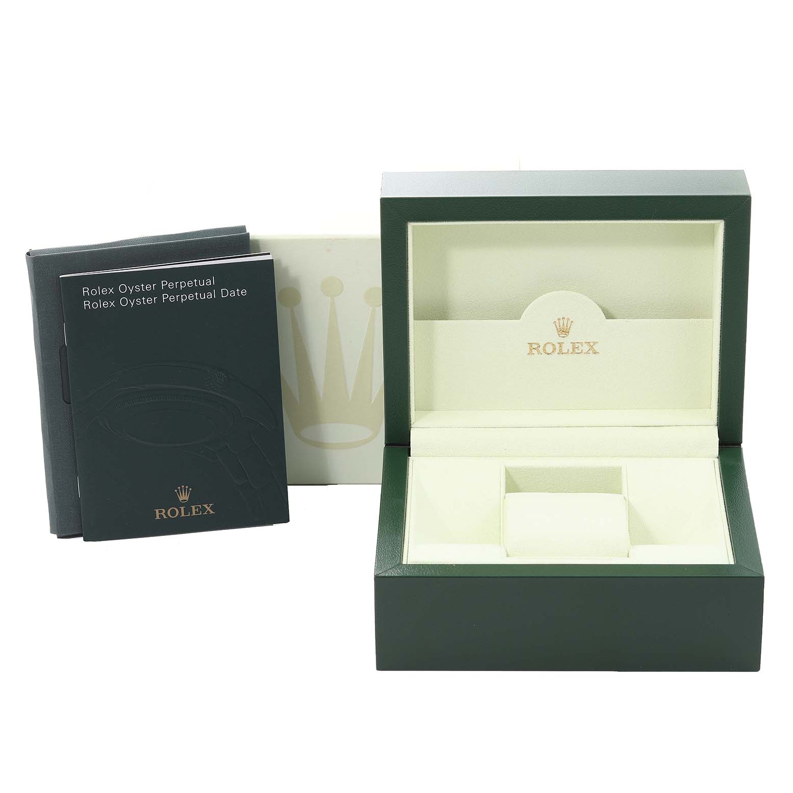 The image shows a Rolex Mid-Size 178240 Women
s Stainless Steel White Dial 178240 Women
s Stainless Steel White Dial watch box with accompanying booklets and the inner cushion for the watch.