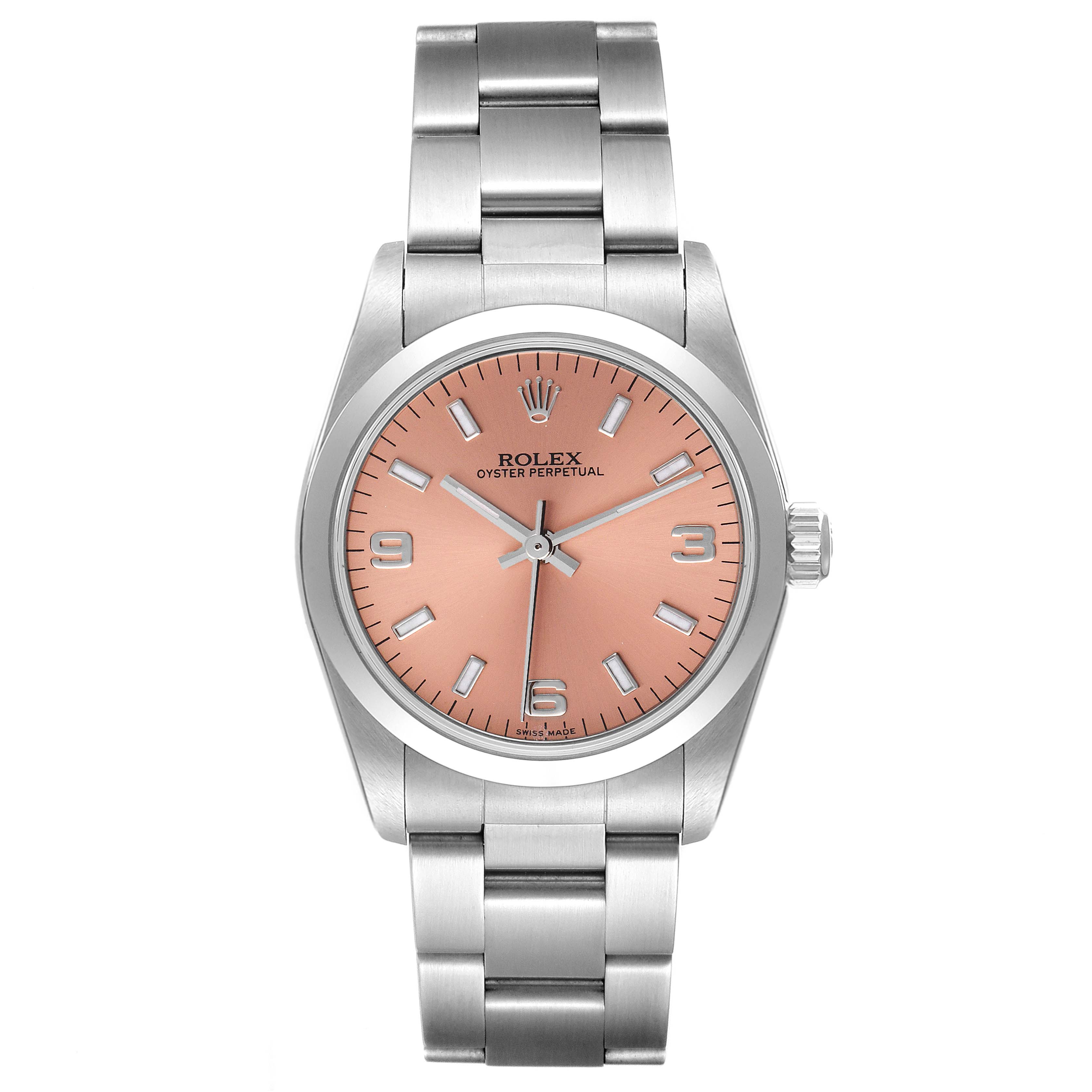 This image shows a frontal view of a Rolex Mid-Size 77080 Women
s Stainless Steel Pink Dial 77080 Women
s Stainless Steel Pink Dial Oyster Perpetual watch, displaying its face, bezel, crown, and bracelet.