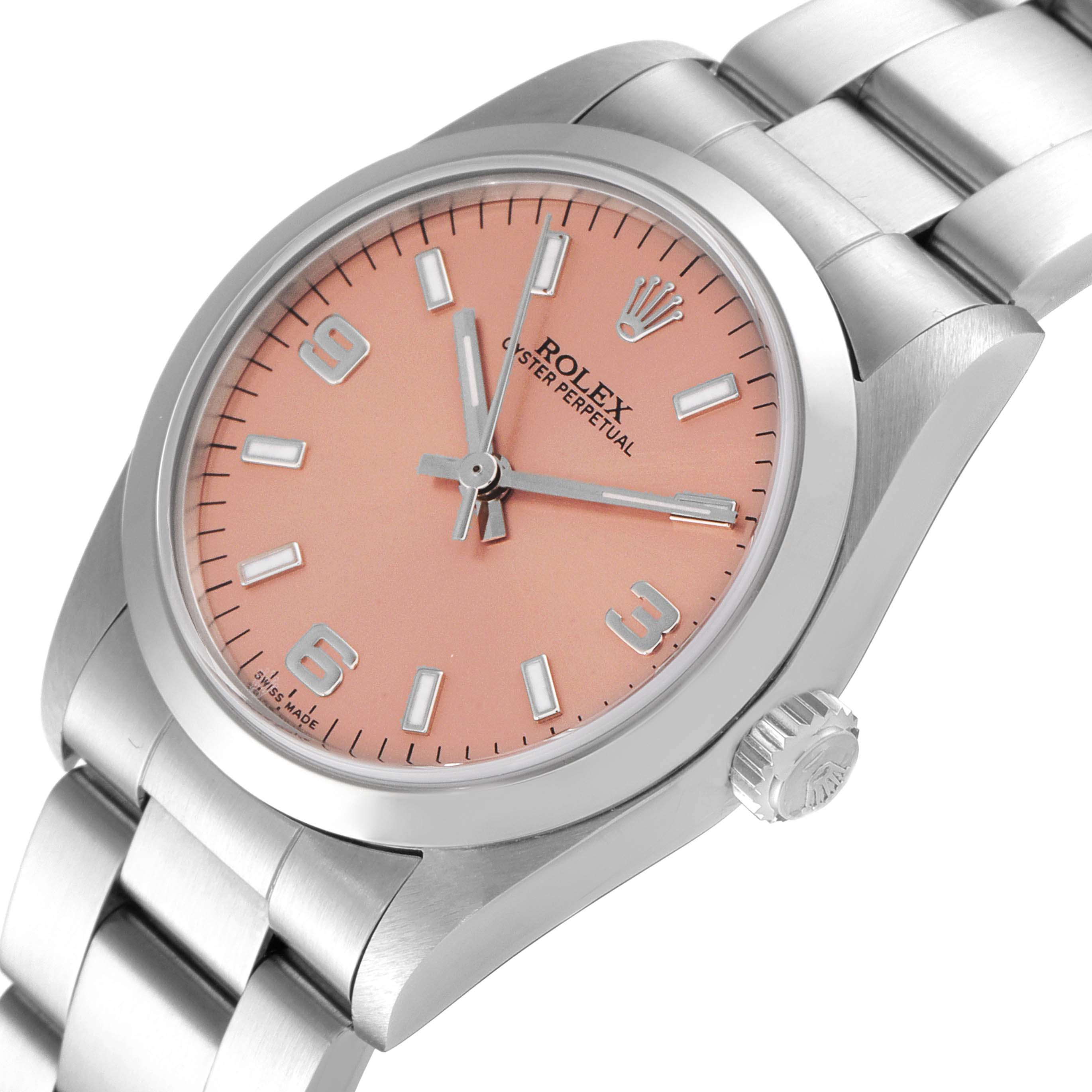 The image shows a Rolex Oyster Perpetual Mid-Size watch with a pink dial, viewed from a slight side angle.