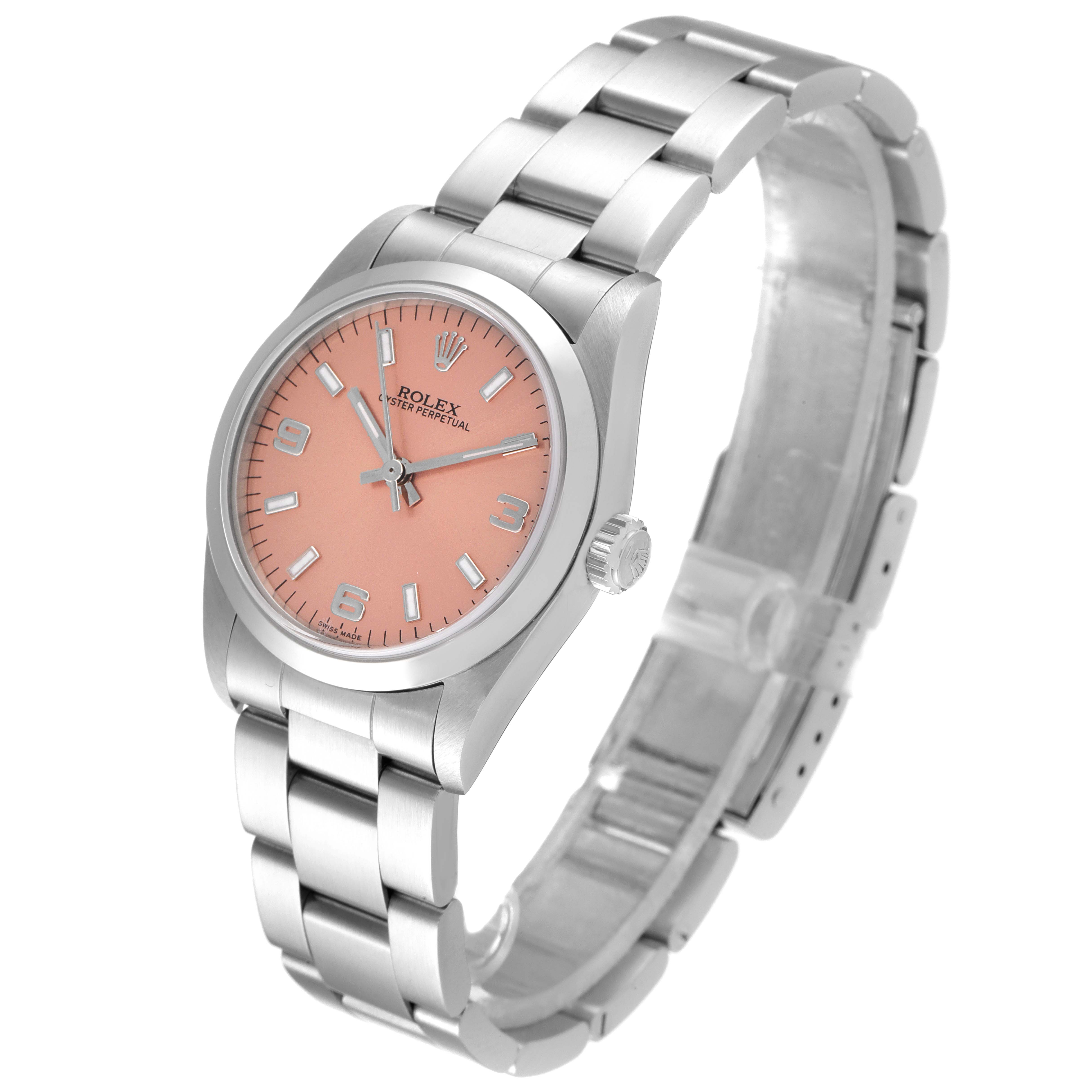 This image shows a Rolex Mid-Size 77080 Women
s Stainless Steel Pink Dial 77080 Women
s Stainless Steel Pink Dial model watch at an angle displaying its pink dial, silver case, and metal bracelet.