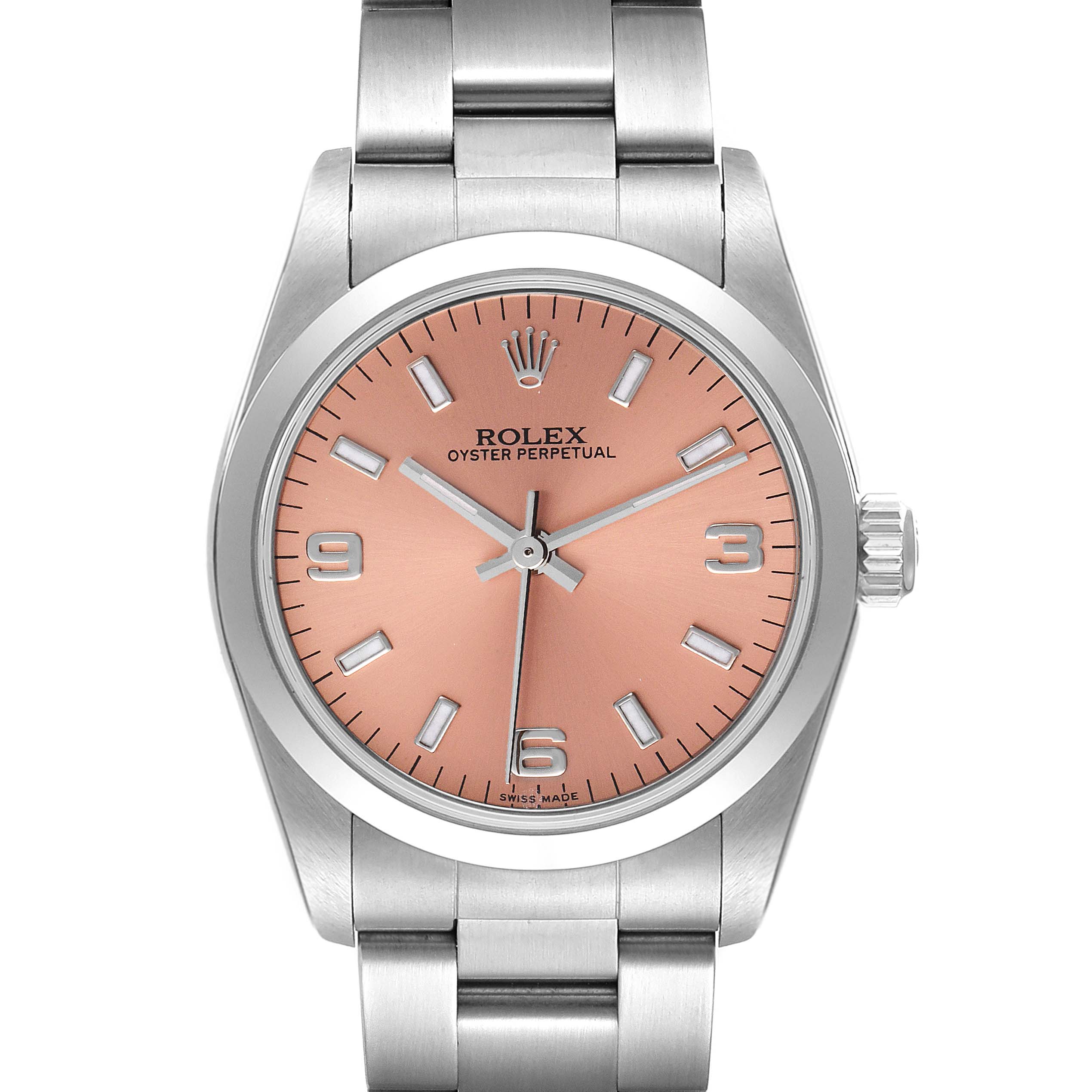 The image shows a frontal view of the Rolex Oyster Perpetual Mid-Size watch, highlighting its pink dial and stainless steel bracelet.