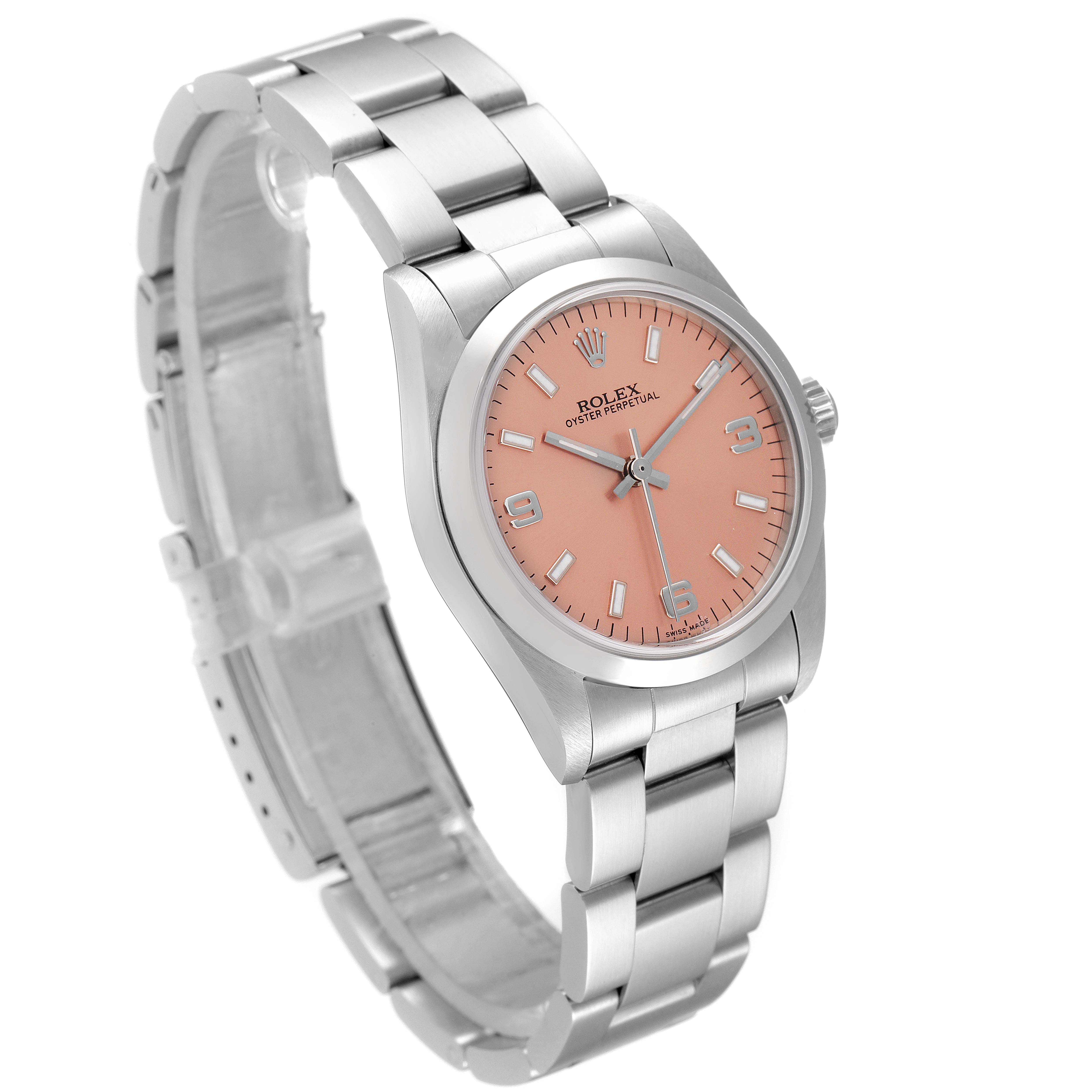 This Rolex Mid-Size 77080 Women
s Stainless Steel Pink Dial 77080 Women
s Stainless Steel Pink Dial watch is shown at a three-quarter view, highlighting the dial, bezel, crown, and bracelet.