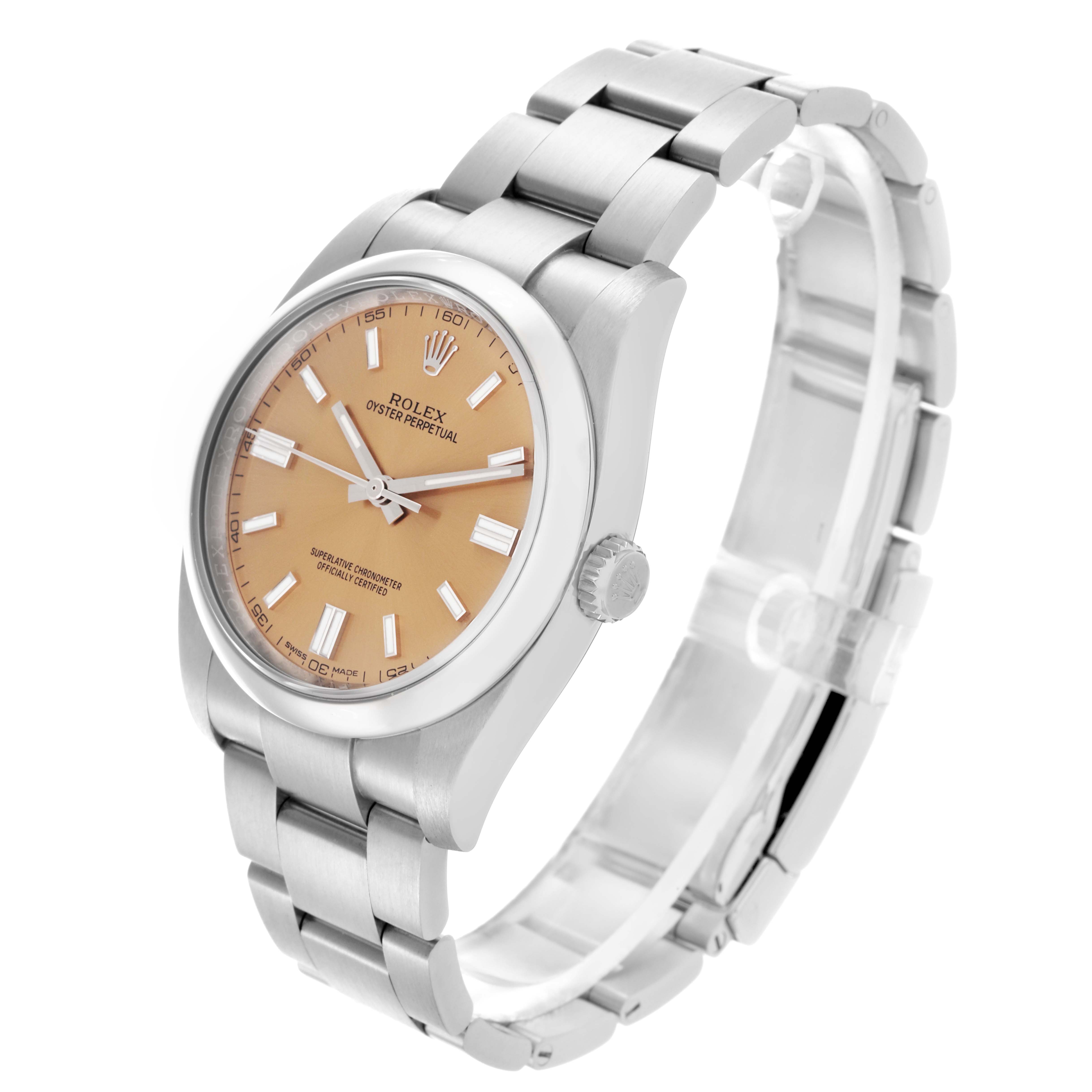 The Rolex Oyster Perpetual 116000 Men's Stainless Steel Champagne Dial 116000 Men's Stainless Steel Champagne Dial watch is shown at a three-quarter angle, highlighting the bracelet, case, and dial.