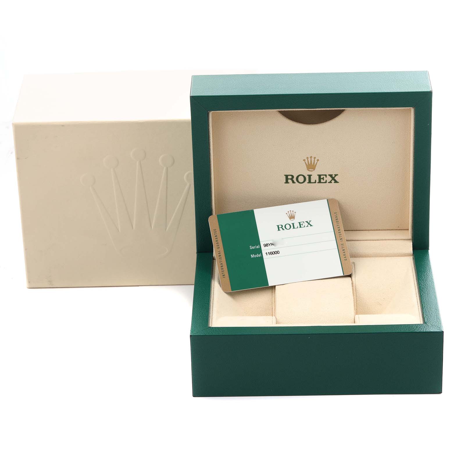 The image shows the packaging and authenticity card for a Rolex Oyster Perpetual 116000 Men's Stainless Steel Champagne Dial 116000 Men's Stainless Steel Champagne Dial watch, featuring the watch box and outer box.