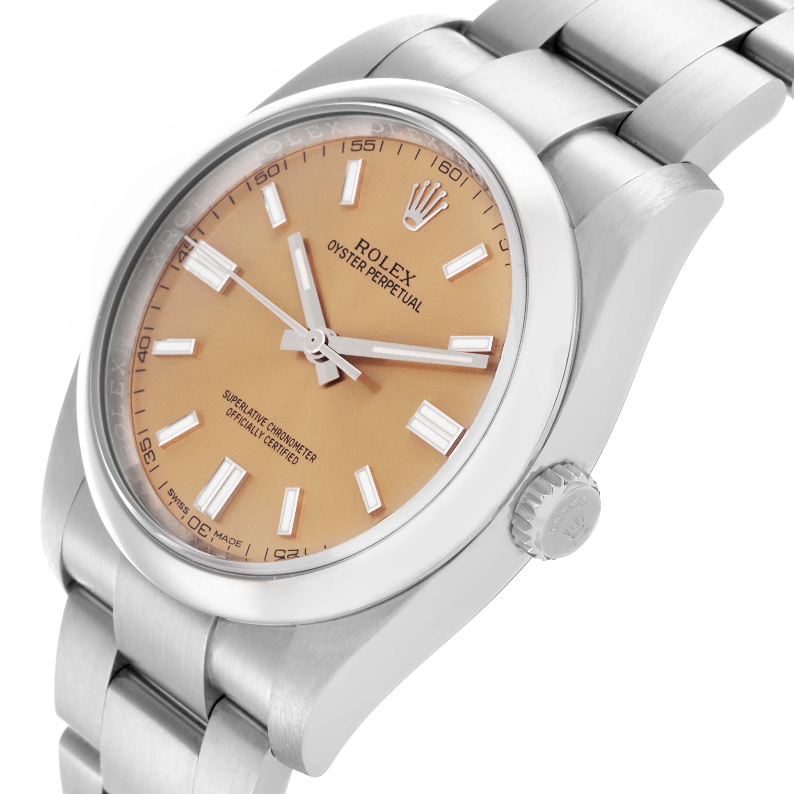 The Rolex Oyster Perpetual 116000 Men's Stainless Steel Champagne Dial 116000 Men's Stainless Steel Champagne Dial watch is shown at an angled view, highlighting the dial, bezel, crown, and part of the bracelet.