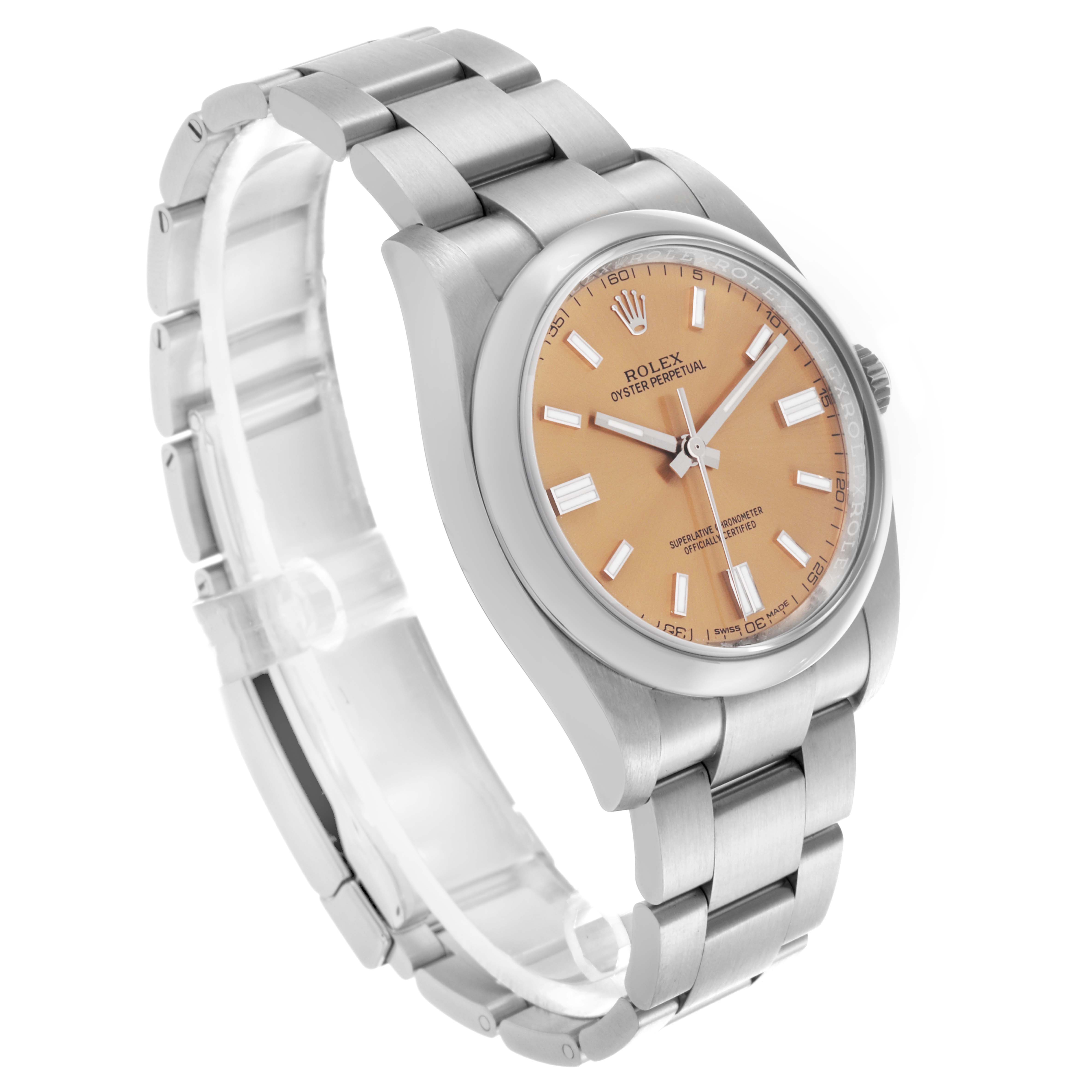 The Rolex Oyster Perpetual 116000 Men's Stainless Steel Champagne Dial 116000 Men's Stainless Steel Champagne Dial is shown at an angled side view, displaying its face, case, and bracelet.