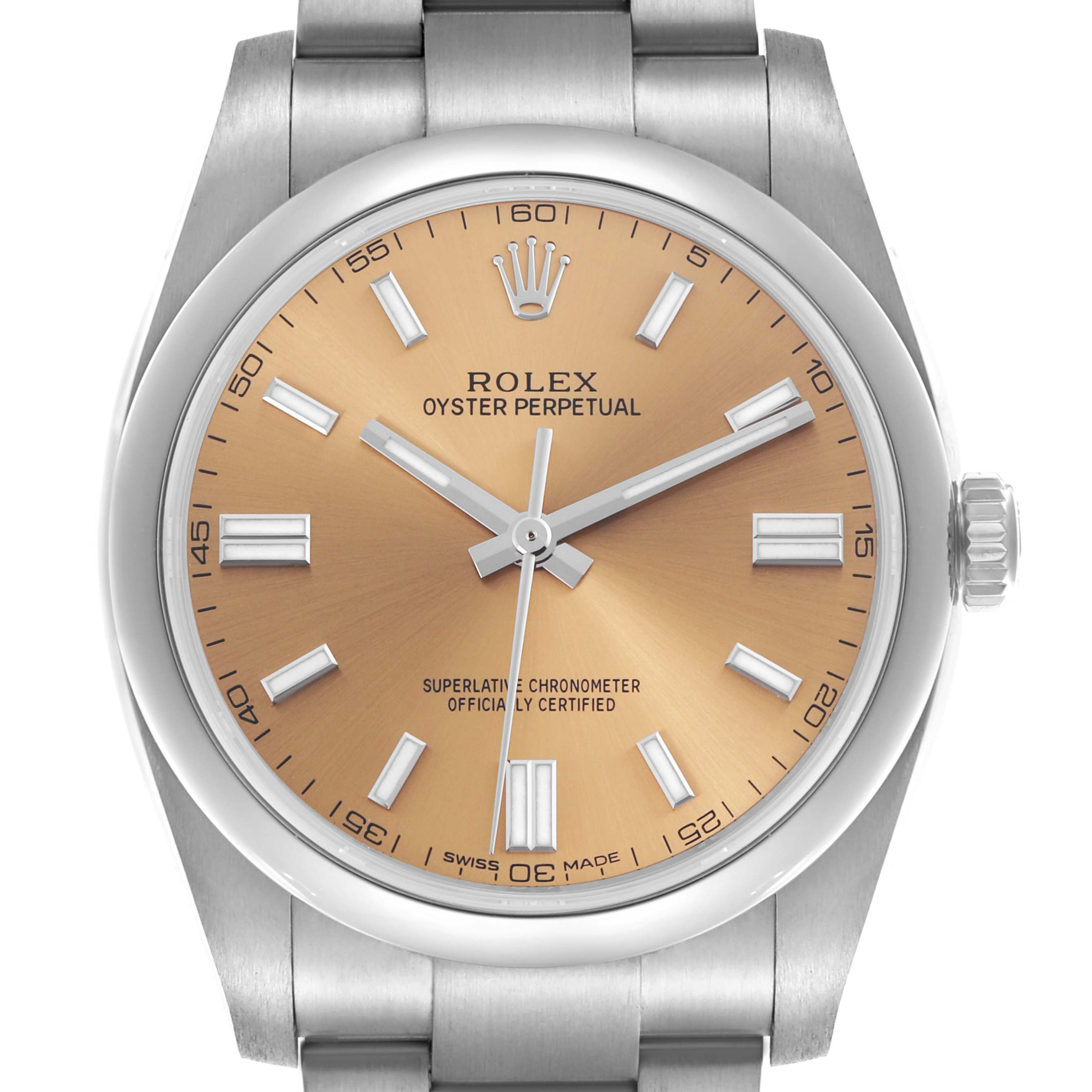 The Rolex Oyster Perpetual 116000 Men's Stainless Steel Champagne Dial 116000 Men's Stainless Steel Champagne Dial watch is shown from a front view, displaying its dial, crown, and part of the bracelet.