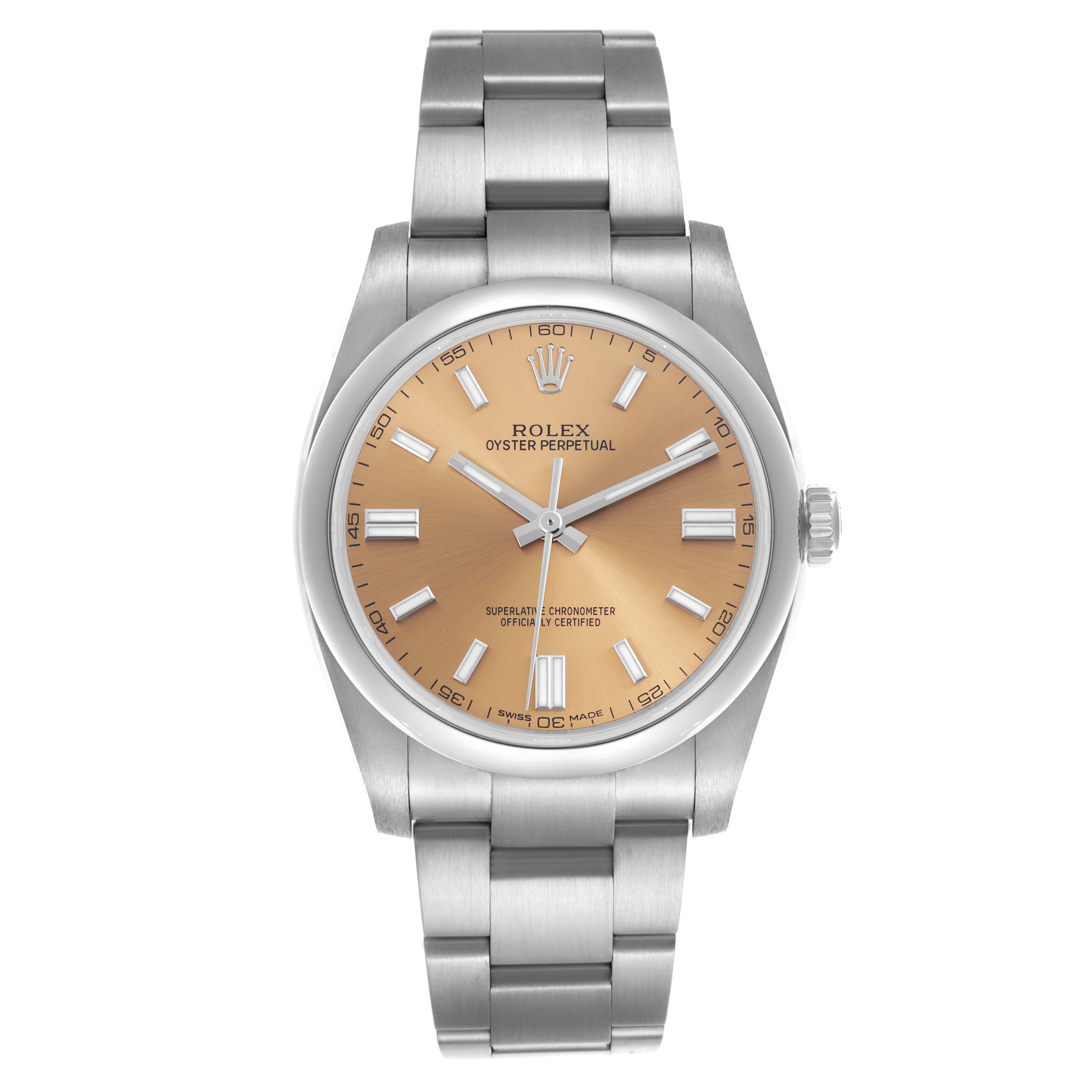 The Rolex Oyster Perpetual 116000 Men's Stainless Steel Champagne Dial 116000 Men's Stainless Steel Champagne Dial watch is shown from the front, highlighting its dial, bezel, case, and bracelet.