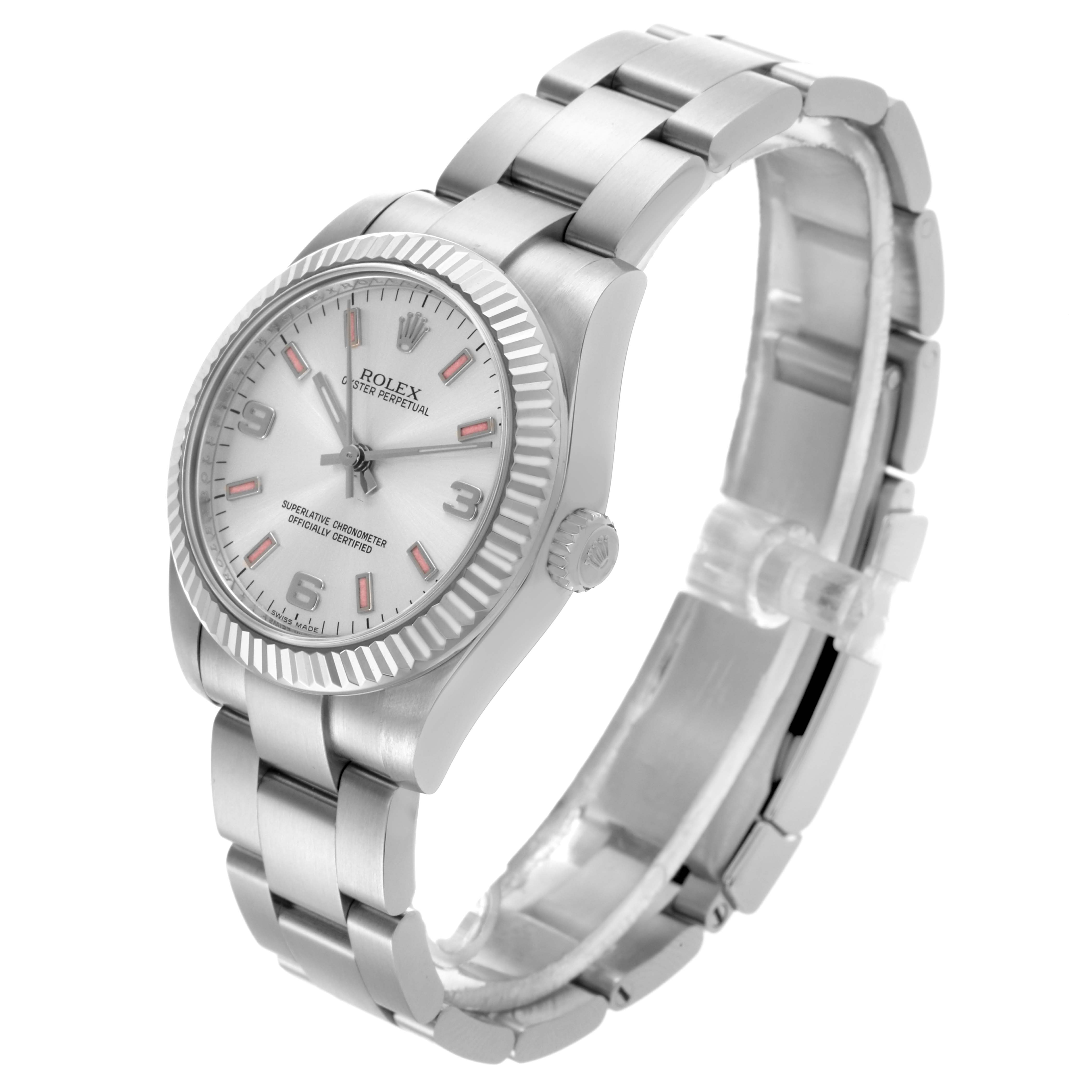 The Rolex Mid-Size 177234 Women's Stainless Steel Silver Dial 177234 Women's Stainless Steel Silver Dial watch is shown at a three-quarter angle, displaying the bracelet, case, dial, and fluted bezel.