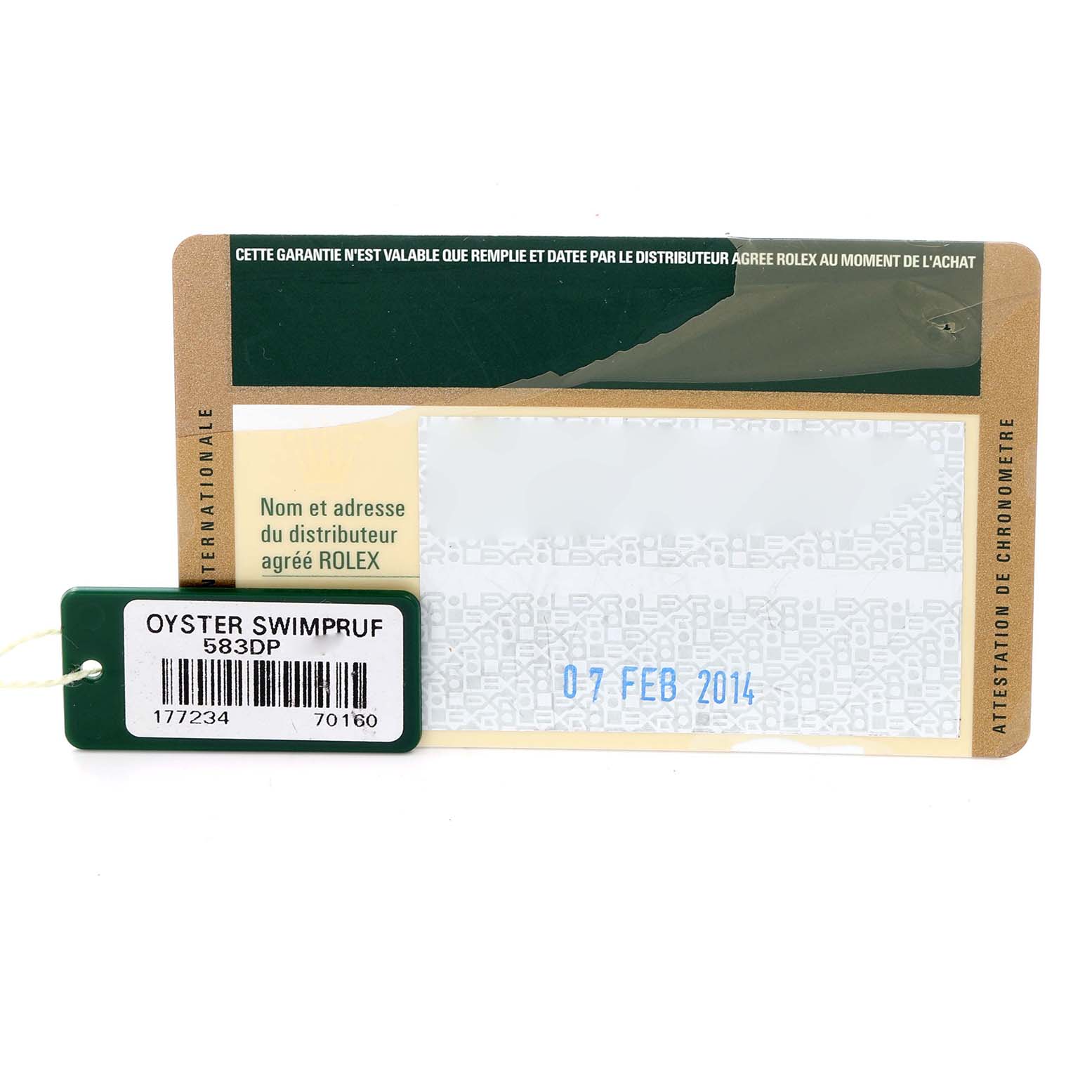 The image shows a warranty card and tag for a Rolex Mid-Size 177234 Women's Stainless Steel Silver Dial 177234 Women's Stainless Steel Silver Dial watch, featuring details like date and model information.