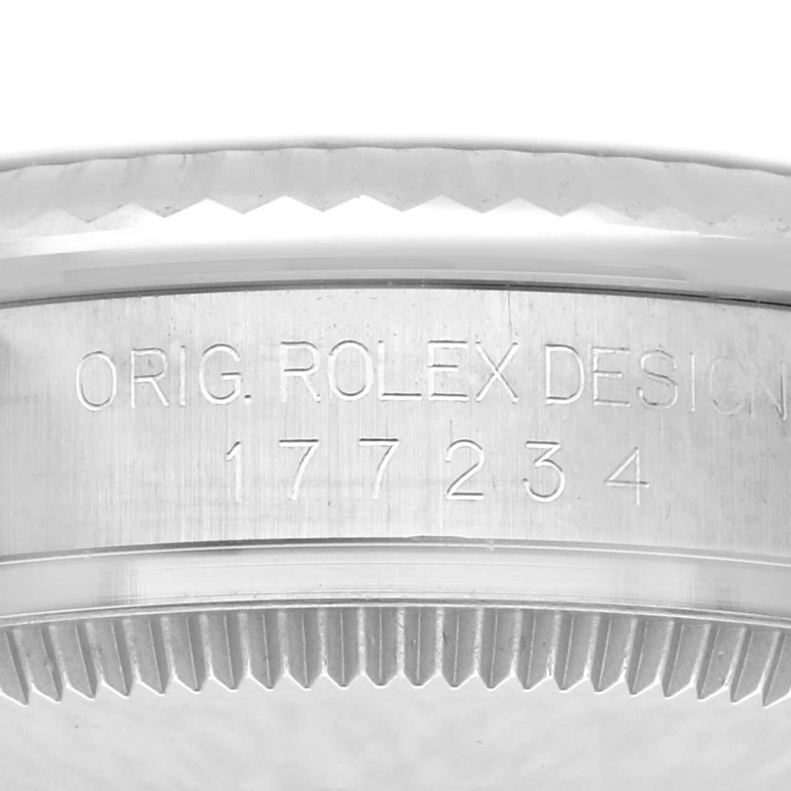 The image shows the side engraving of a Rolex Mid-Size 177234 Women's Stainless Steel Silver Dial 177234 Women's Stainless Steel Silver Dial watch case, featuring the model number 177234.