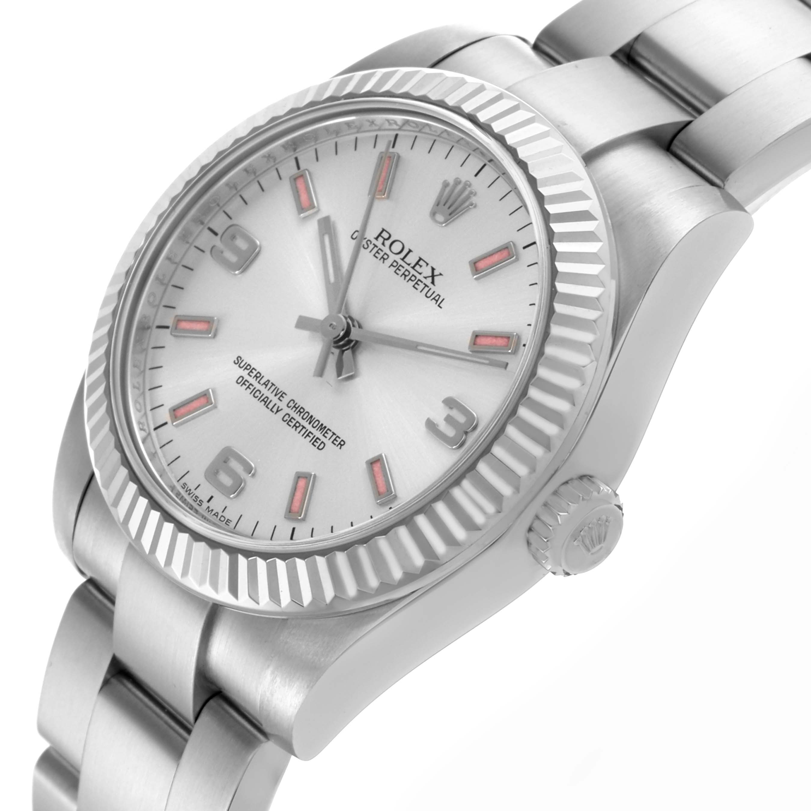 The Rolex Mid-Size 177234 Women's Stainless Steel Silver Dial 177234 Women's Stainless Steel Silver Dial model is angled to show the face, bezel, crown, and part of the bracelet.
