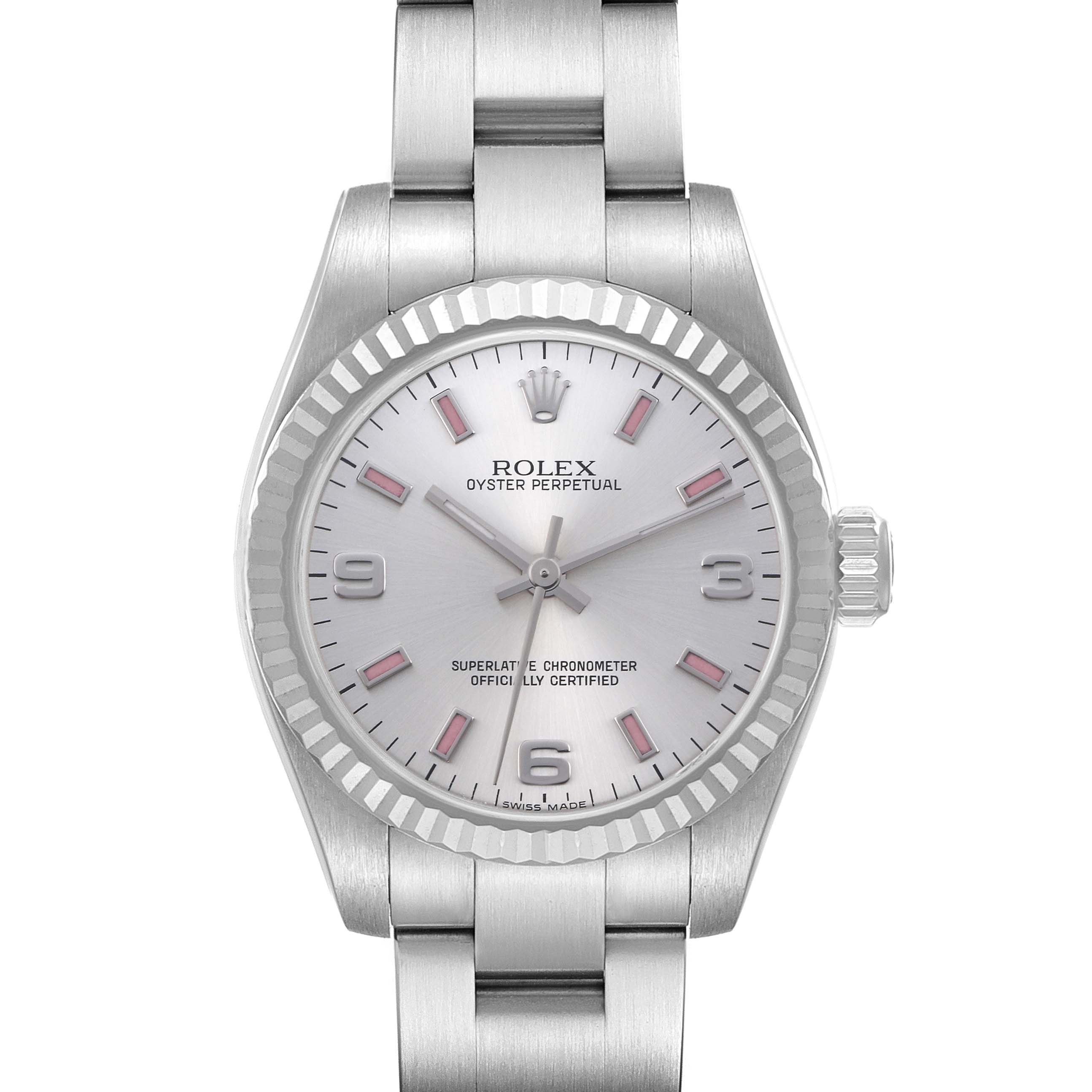The Rolex Mid-Size 177234 Women's Stainless Steel Silver Dial 177234 Women's Stainless Steel Silver Dial model is shown from a front angle, highlighting the dial, bezel, and part of the bracelet.