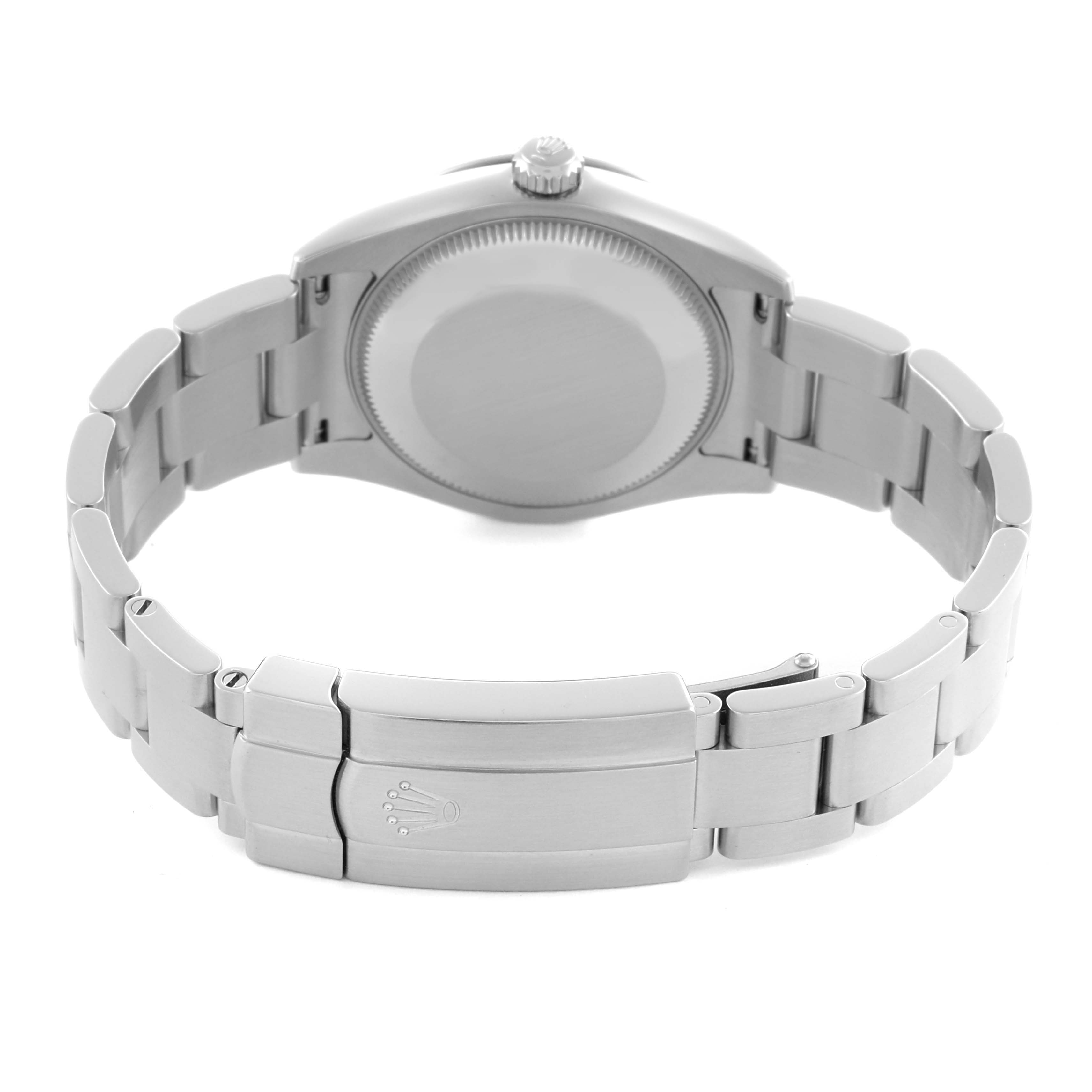 The image shows the back view of a Rolex Mid-Size 177234 Women's Stainless Steel Silver Dial 177234 Women's Stainless Steel Silver Dial watch, highlighting its case back and clasp.