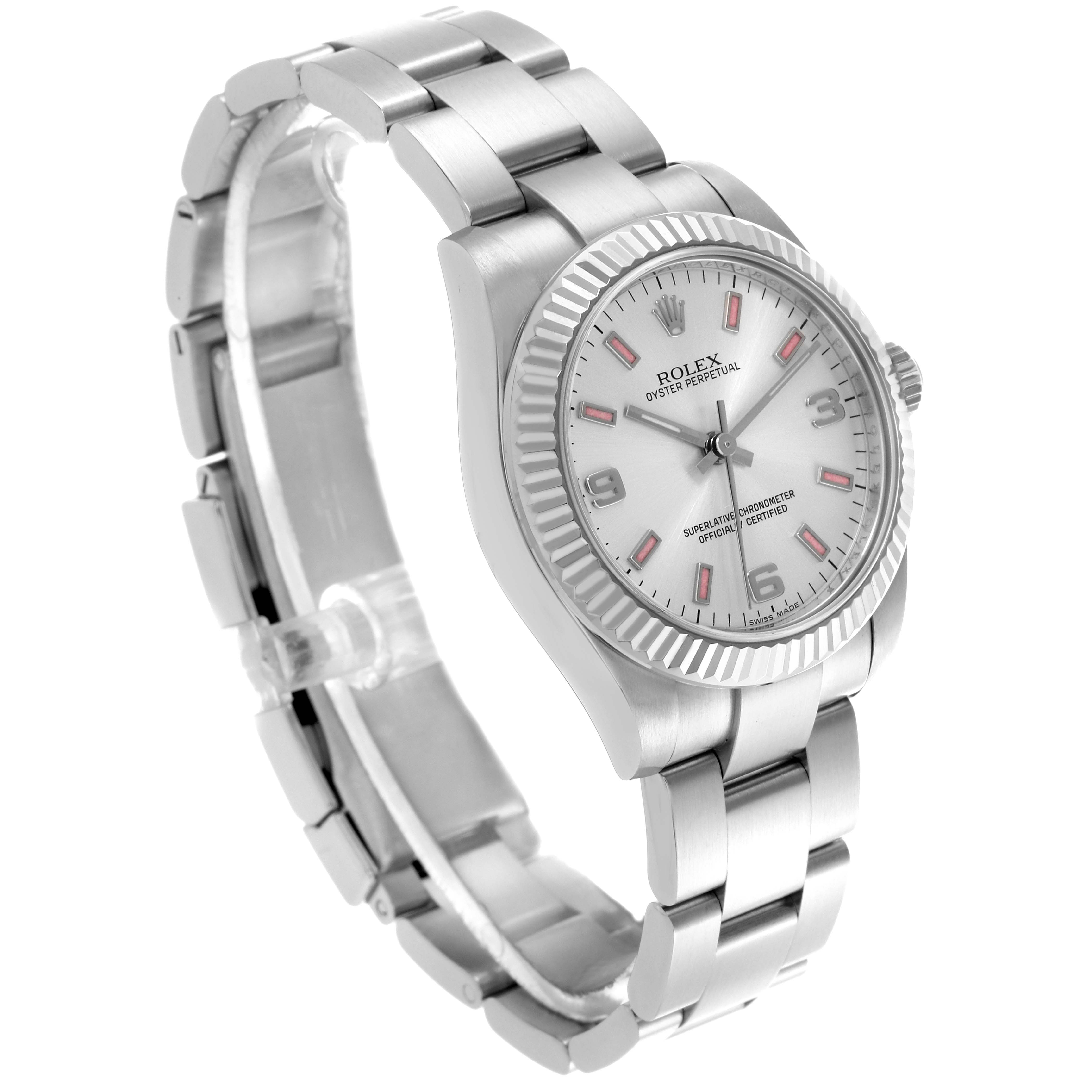 The Rolex Mid-Size 177234 Women's Stainless Steel Silver Dial 177234 Women's Stainless Steel Silver Dial watch is shown at an angled side view, displaying the dial, fluted bezel, crown, and stainless steel bracelet.