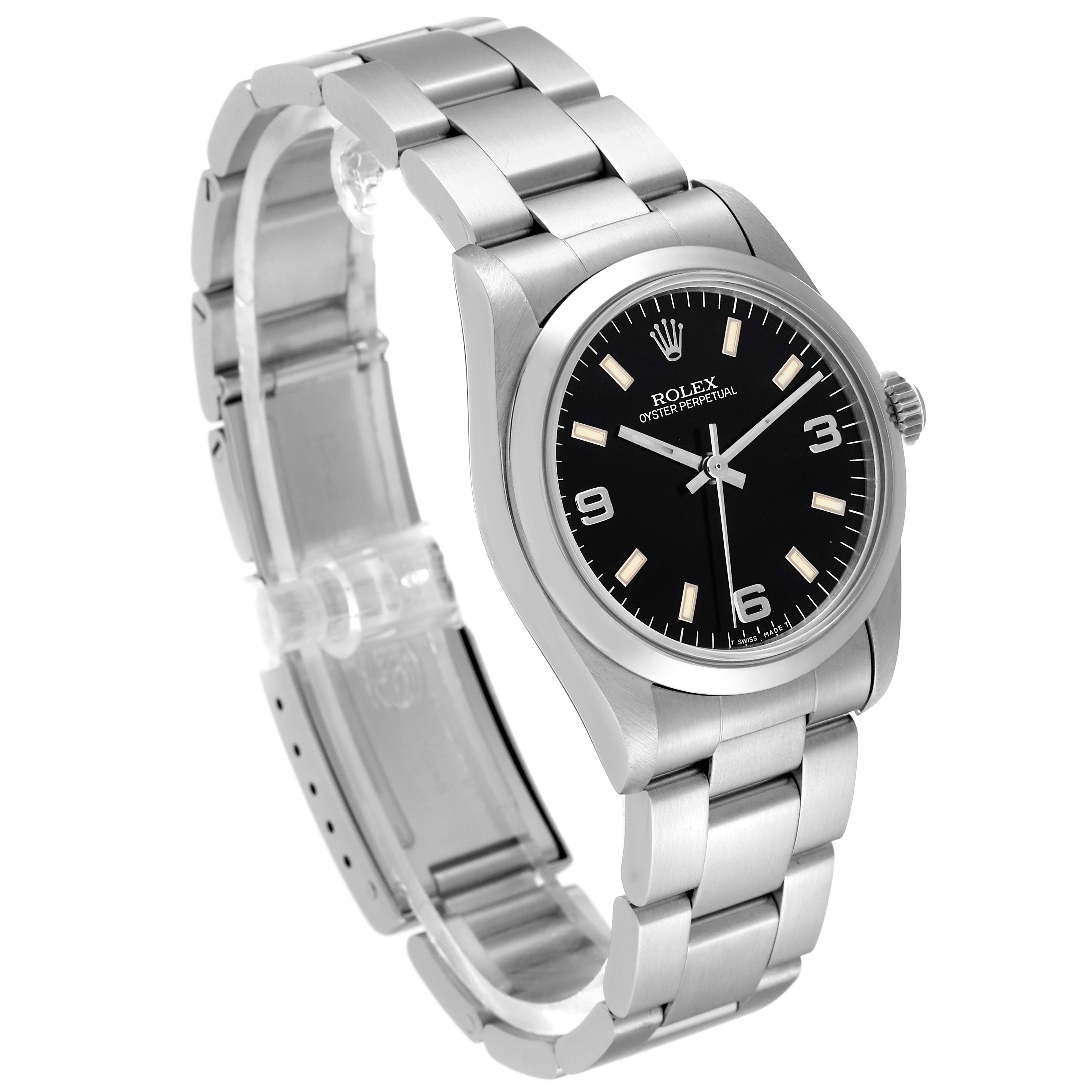 The image shows a Rolex Mid-Size 67480 Women's Stainless Steel Black Dial 67480 Women's Stainless Steel Black Dial model angled to display the face, bezel, crown, and bracelet.