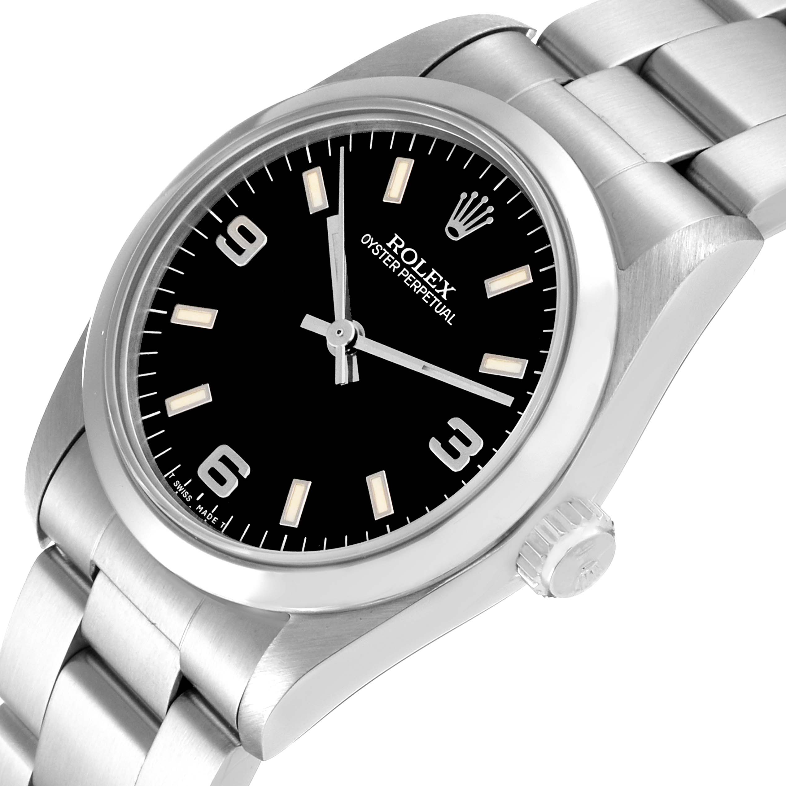 The image shows a Rolex Oyster Perpetual Mid-Size watch, angled to display its black dial, silver hour markers, and stainless steel bracelet.
