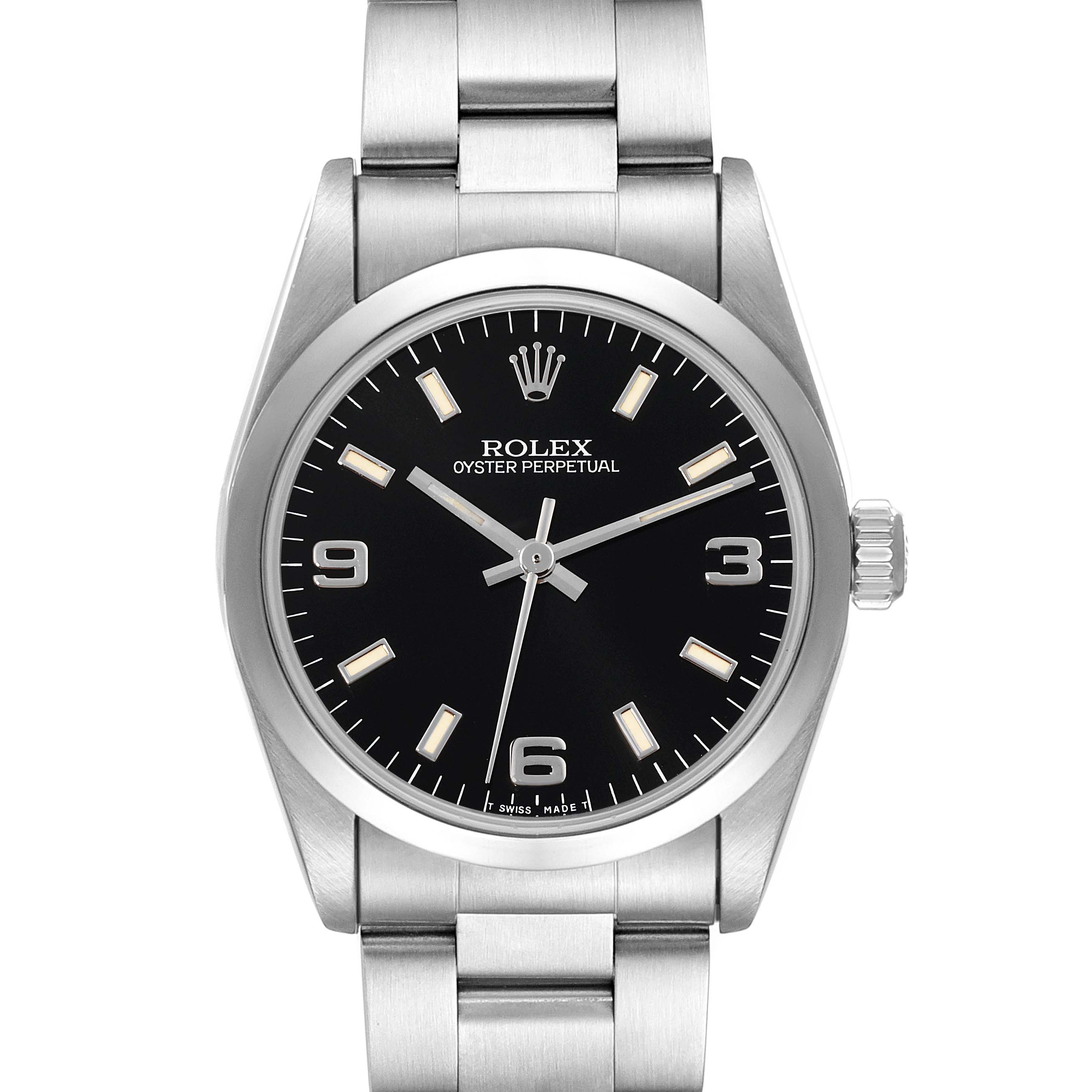 This is a front view of the Rolex Mid-Size 67480 Women's Stainless Steel Black Dial 67480 Women's Stainless Steel Black Dial Oyster Perpetual watch, showing its black dial, stainless steel case, and bracelet.