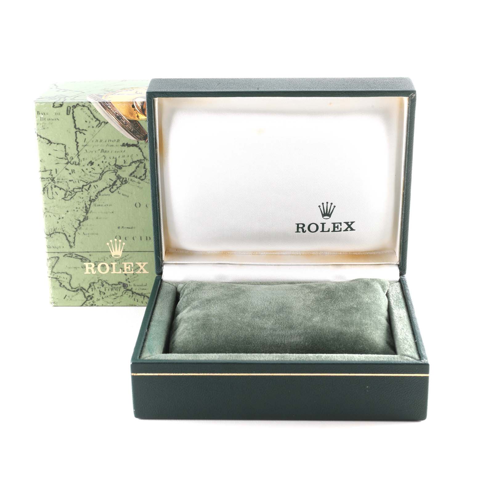 The image shows an open Rolex watch box for a Mid-Size model, displaying its interior cushion and exterior packaging.