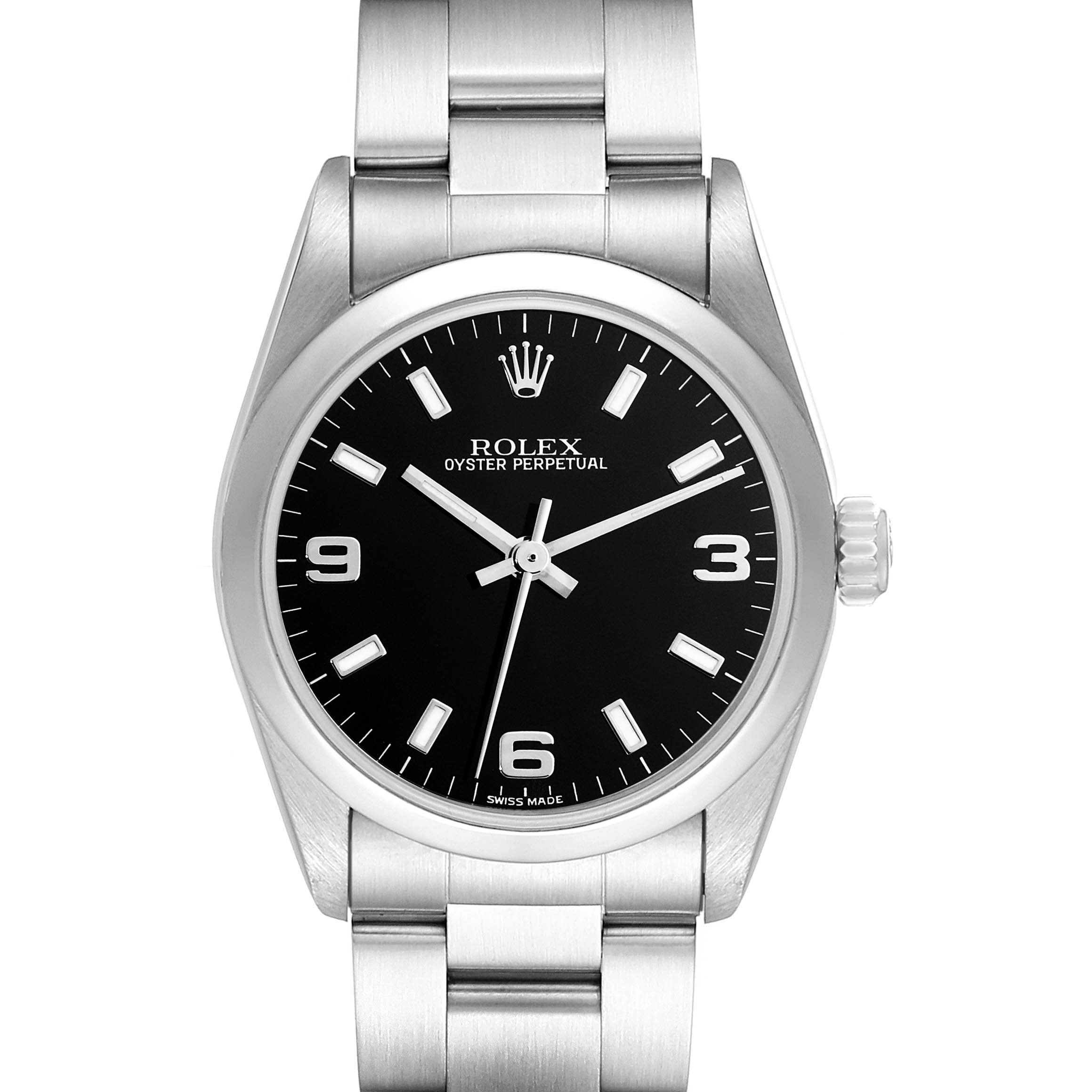 This image shows a front view of a Mid-Size Rolex Oyster Perpetual watch, displaying its face, bezel, and bracelet.