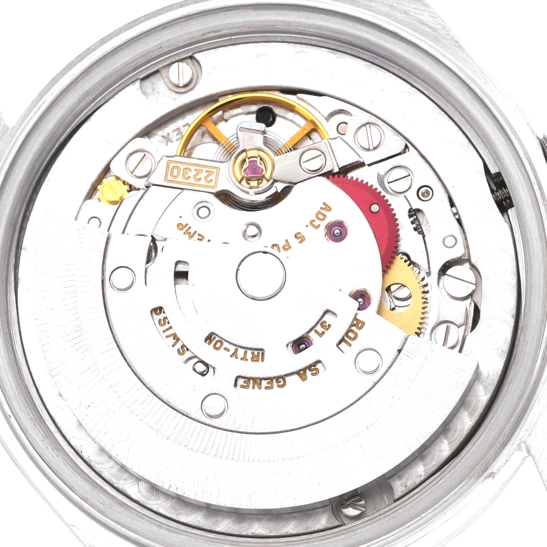 This image shows the internal mechanical movement of a Rolex Mid-Size 77080 Women's Stainless Steel Black Dial 77080 Women's Stainless Steel Black Dial model watch viewed from the back.