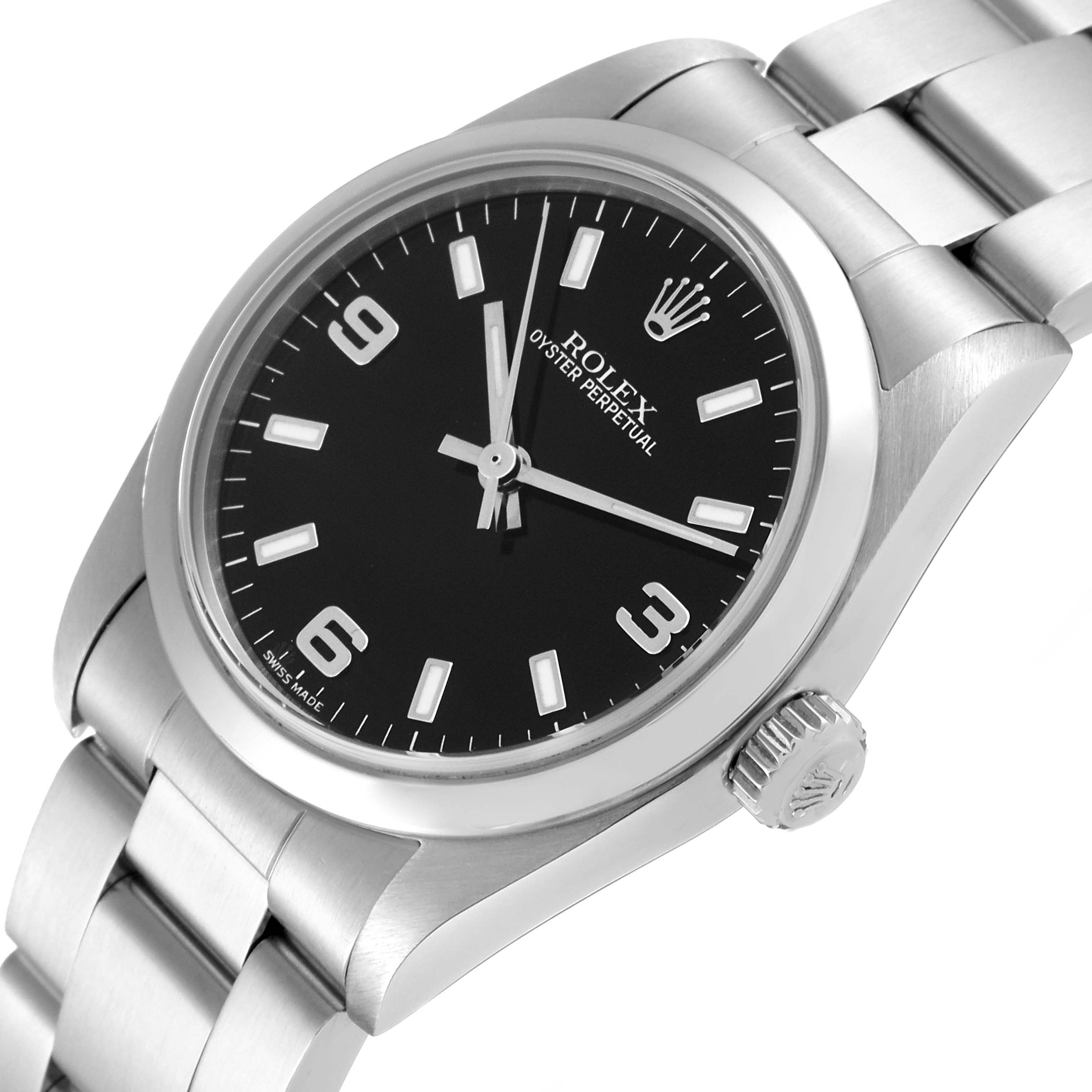 The image shows a close-up of a Rolex Mid-Size 77080 Women's Stainless Steel Black Dial 77080 Women's Stainless Steel Black Dial Oyster Perpetual watch at an angled view, highlighting the black dial, crown, and bracelet.