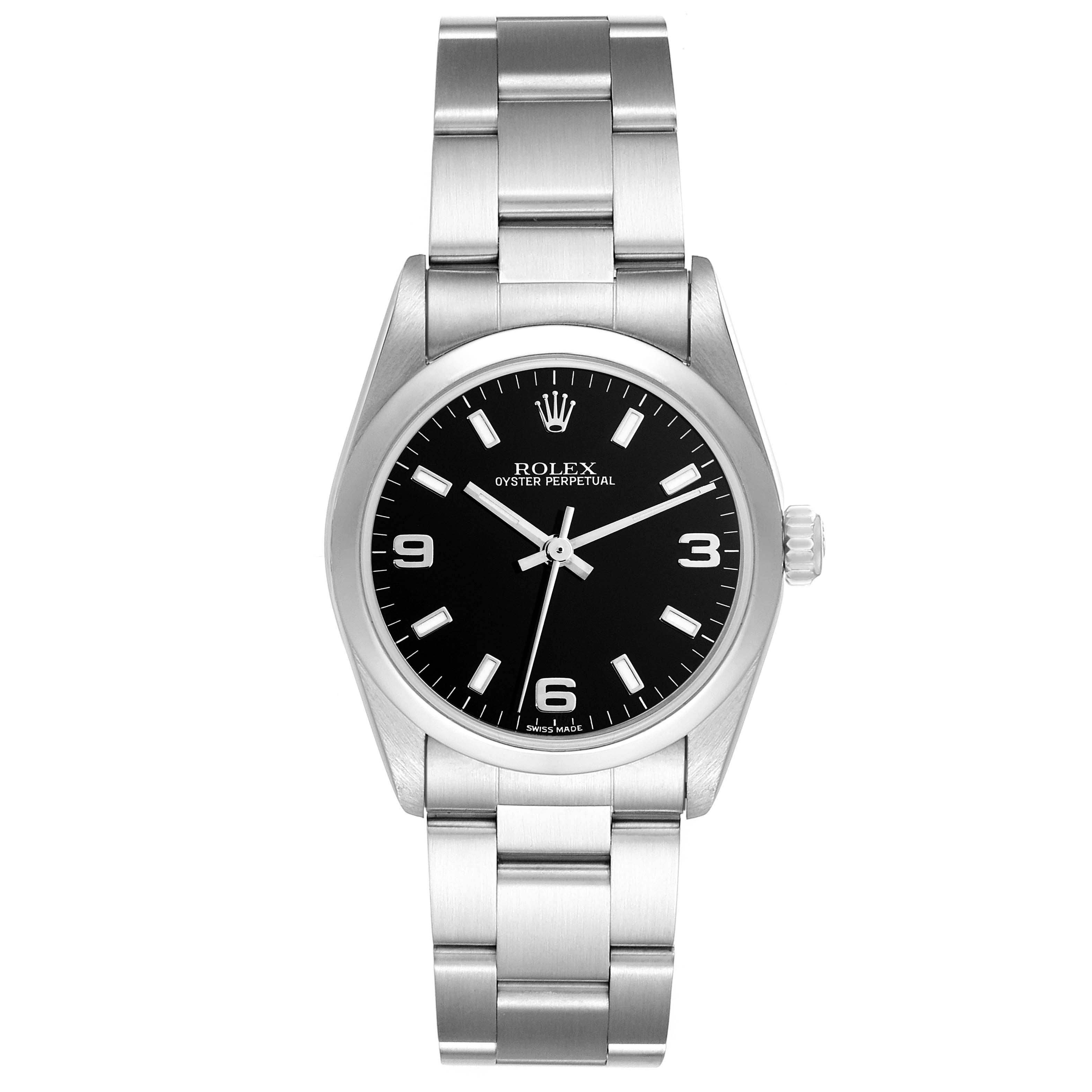 The image depicts a front view of a Rolex Mid-Size 77080 Women's Stainless Steel Black Dial 77080 Women's Stainless Steel Black Dial Oyster Perpetual watch, showcasing the dial, bezel, and bracelet.