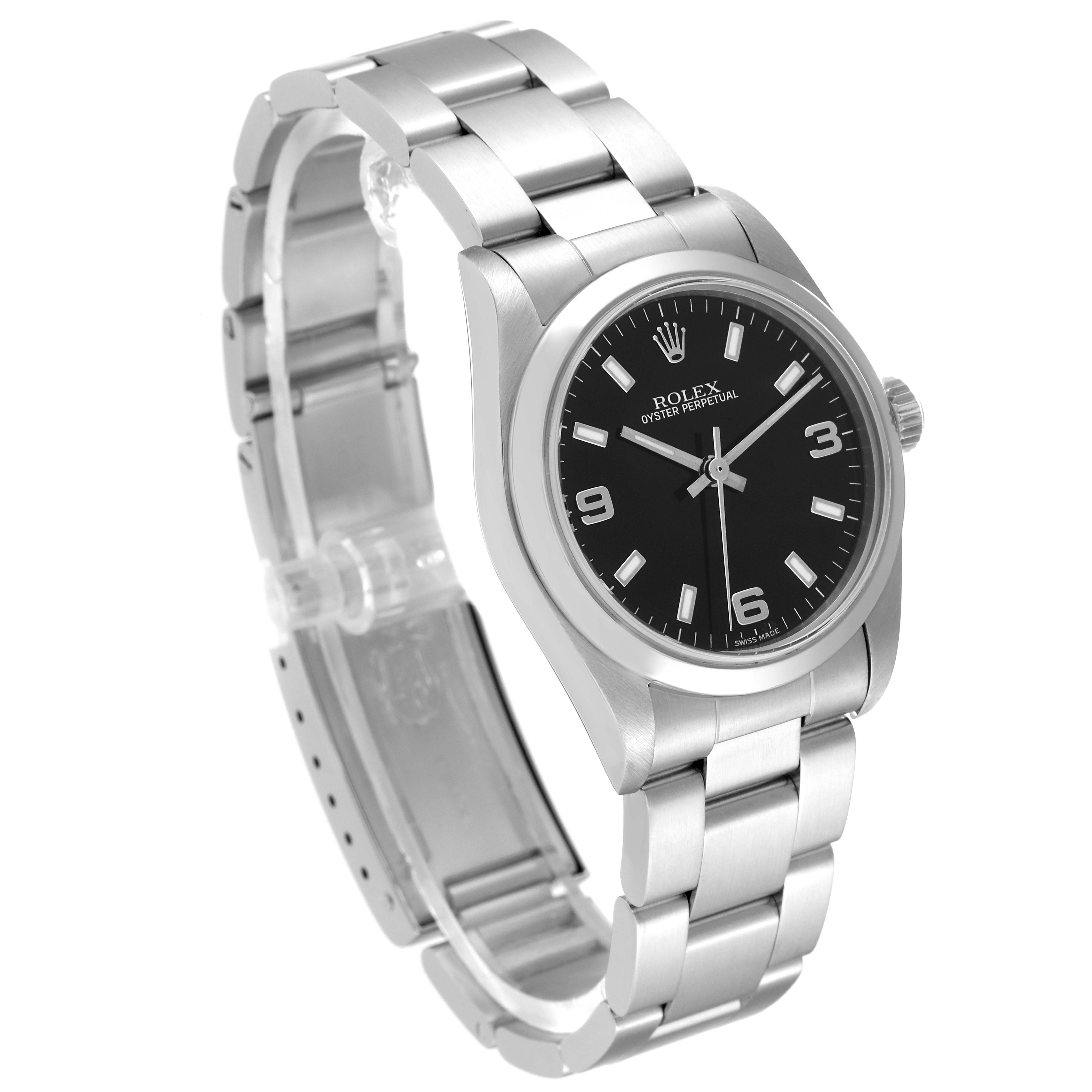 The image shows a Rolex Oyster Perpetual Mid-Size watch from a three-quarter view, highlighting its face and bracelet.