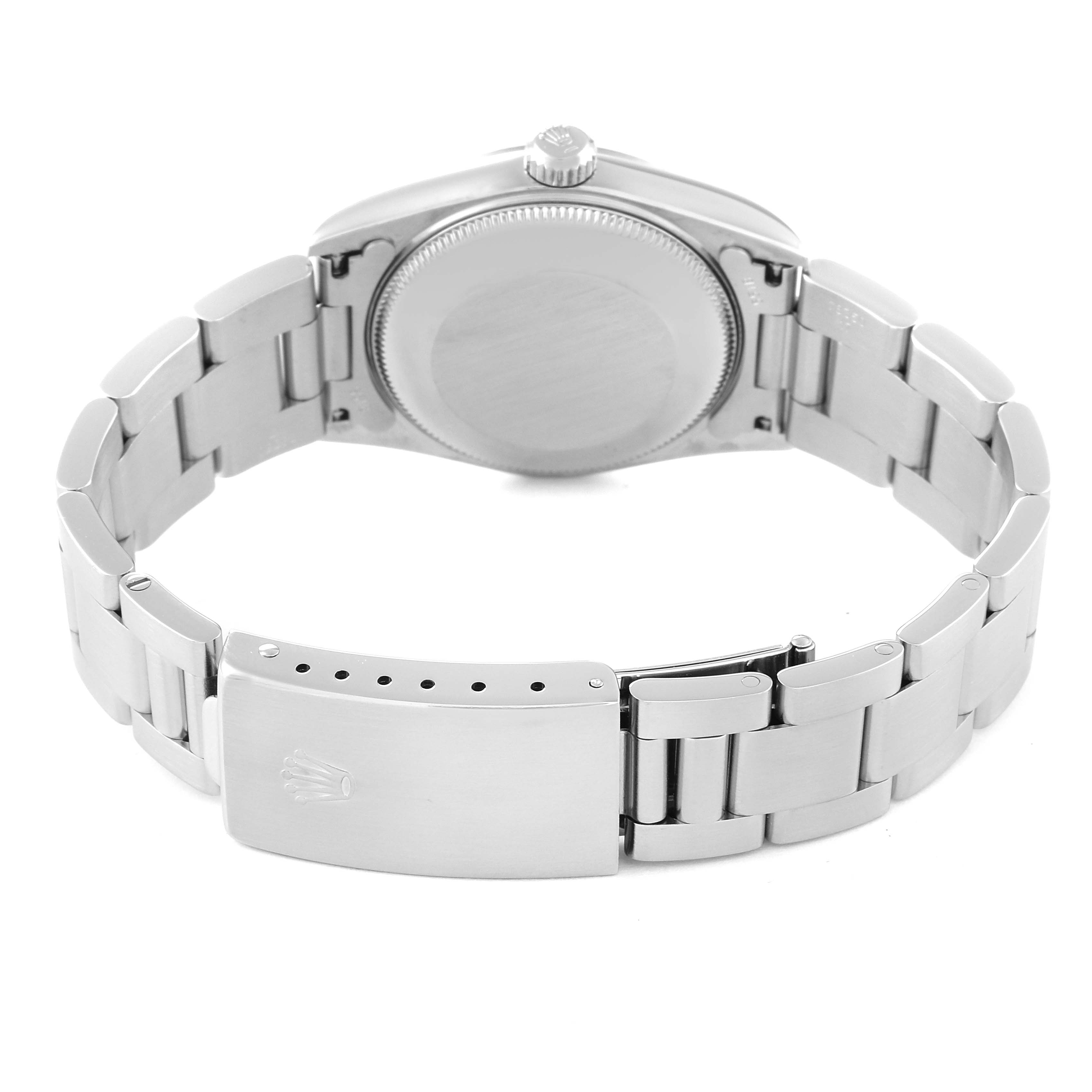 The image shows the back case, bracelet, and clasp of a Mid-Size Rolex watch.