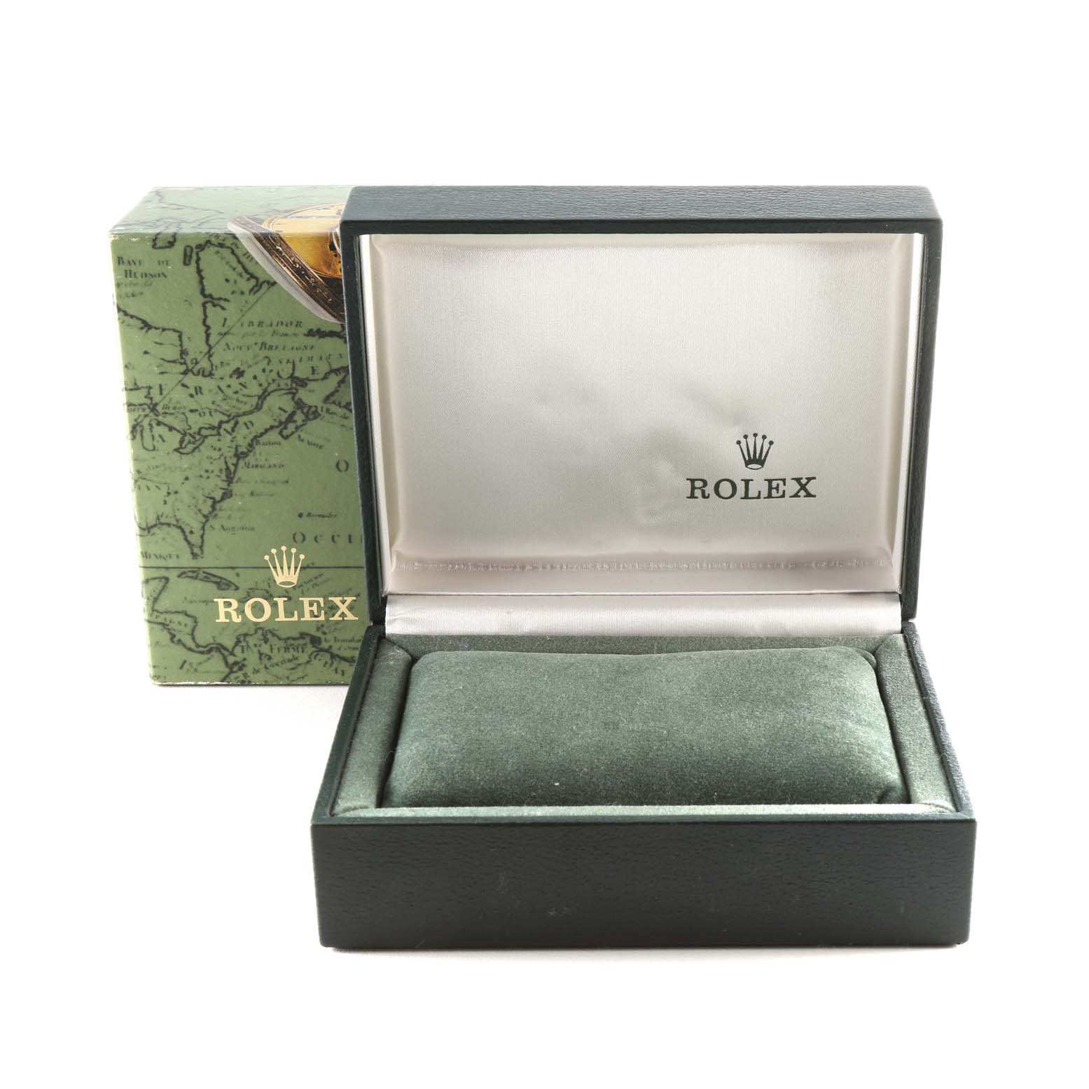 The image shows the packaging of a Rolex Mid-Size 77080 Women's Stainless Steel Black Dial 77080 Women's Stainless Steel Black Dial model, including a green watch box and its outer carton.