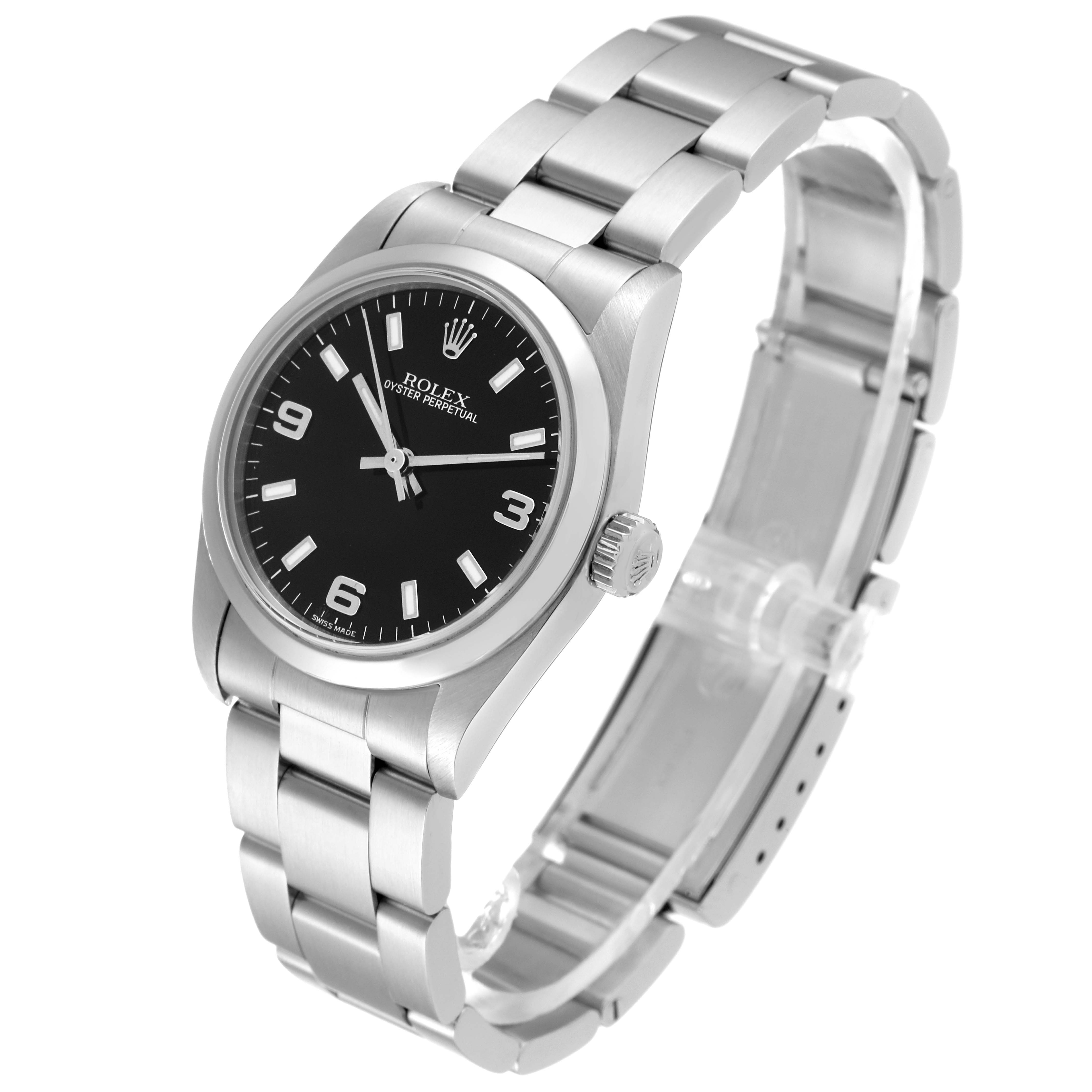 The Rolex Mid-Size 77080 Women's Stainless Steel Black Dial 77080 Women's Stainless Steel Black Dial watch is shown at a slight angle, displaying the black dial, silver case, crown, and metal bracelet.