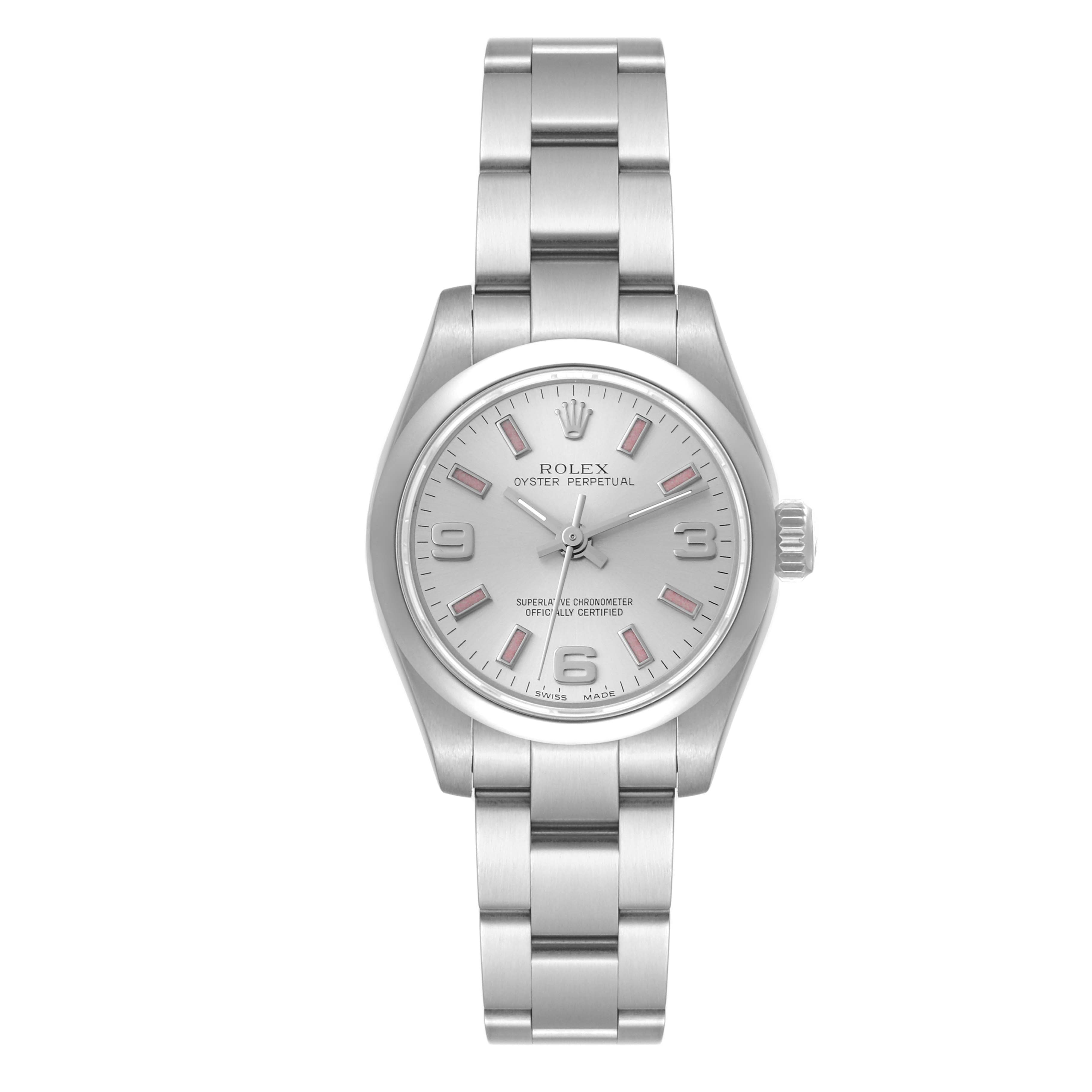 The Rolex Oyster Perpetual 176200 Women's Stainless Steel Silver Dial 176200 Women's Stainless Steel Silver Dial watch is shown from a direct front angle, displaying its face, bracelet, and crown.
