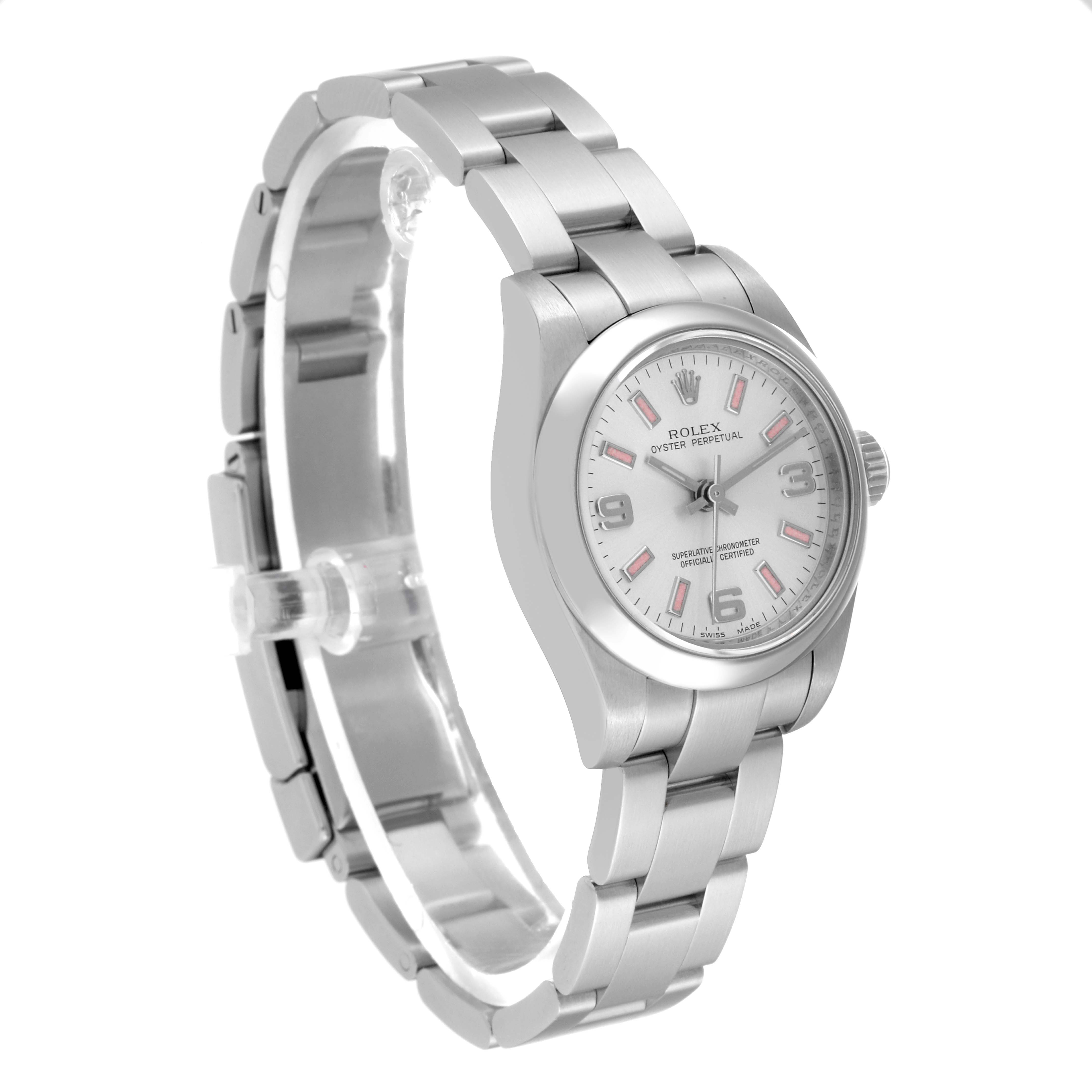 This Rolex Oyster Perpetual 176200 Women's Stainless Steel Silver Dial 176200 Women's Stainless Steel Silver Dial watch is shown at a slight angle, highlighting its silver band, clasp, and face.